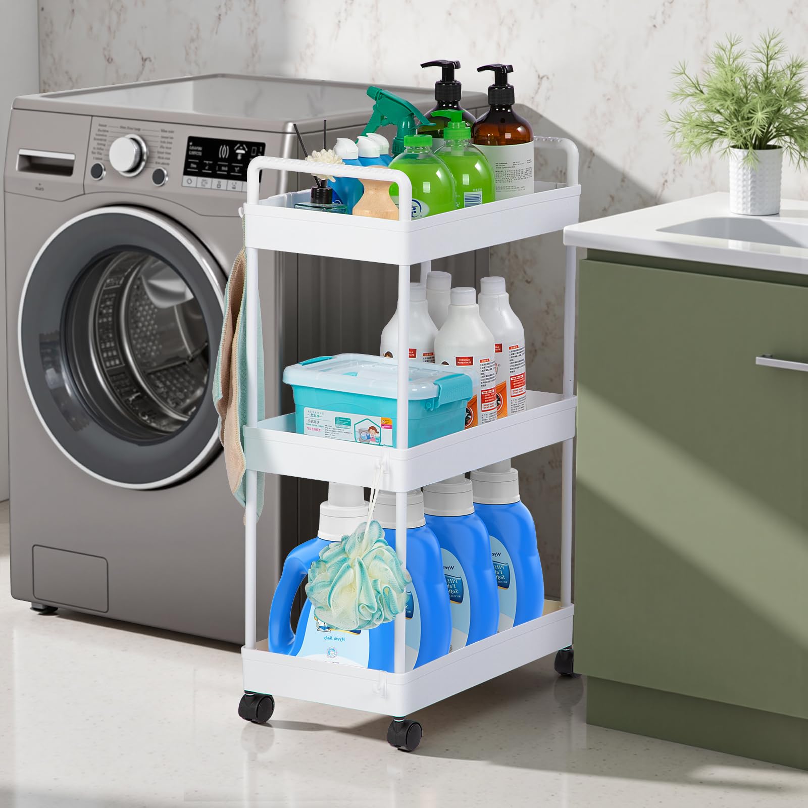 FoiiLiio Carrello Cucina a 3 Ripiani,Carrellino con Ruote Portatutto,Carrello Scorrevole,Organizzatore di Stoccaggio Carrello,Portaoggetti Multifunzionale per Bagno,Ufficio,Bianca
