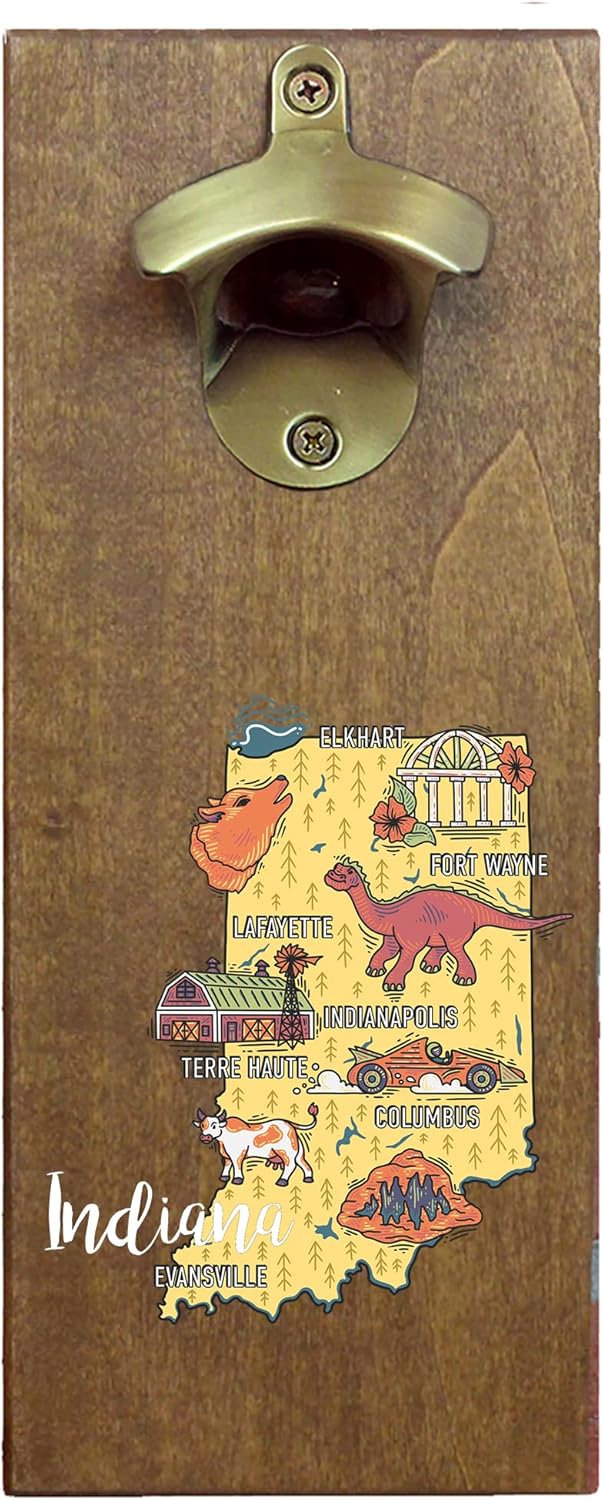 Torched State Craft Beer Four Color Printed Typography Magnetic Beer Bottle Opener with Cap Catcher (Indiana) | Wall Mounted Bottle Opener Refrigerator Magnet | Makes a Great Gift for Men