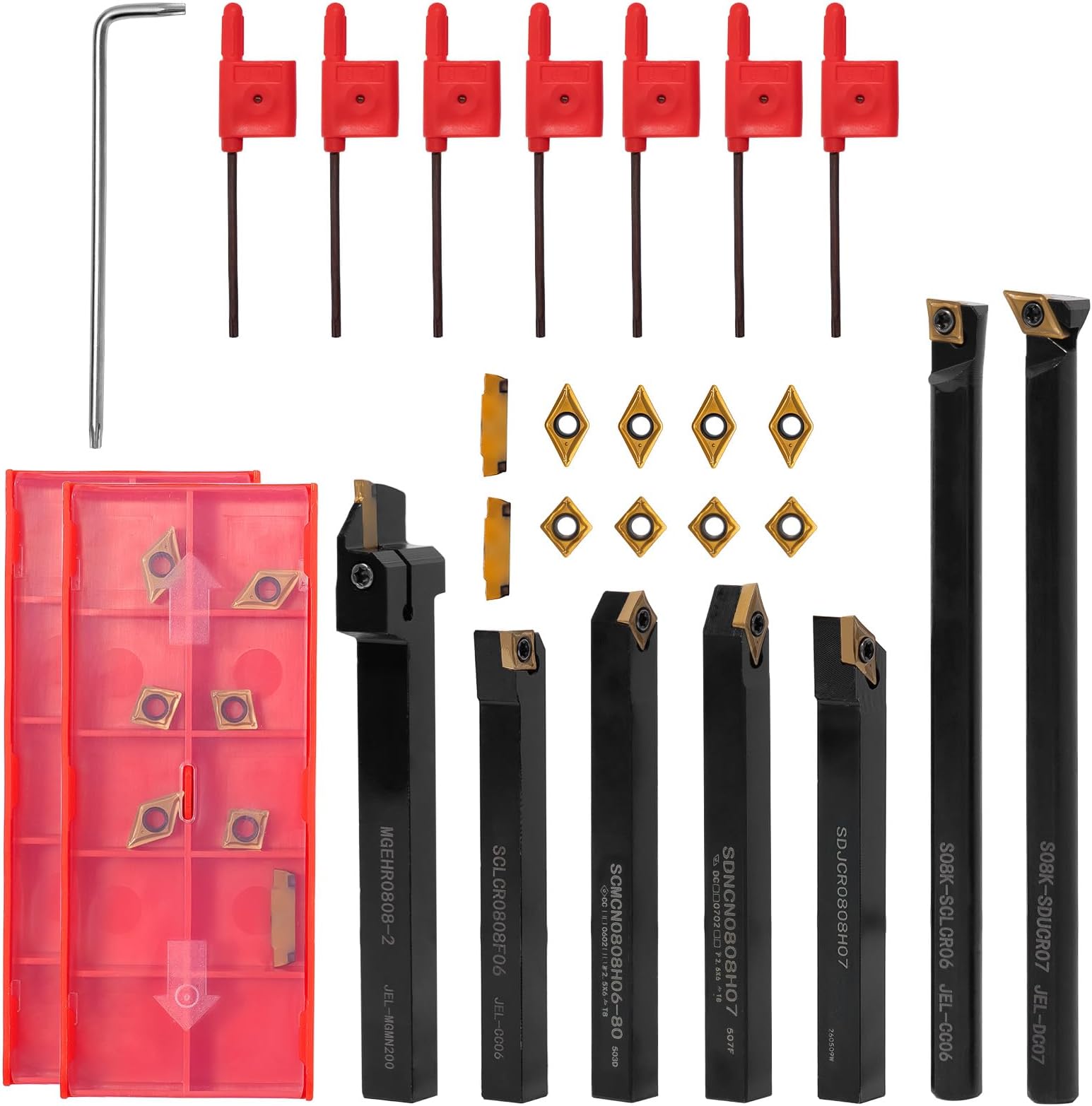 21 Pieces Lathe Turning Tool Kit, 5/16 Inch (8MM) Shanks, 7 Metal Lathe Holders and 14 Indexable Carbide Inserts for Precision Turning, Grooving, Threading, and Boring
