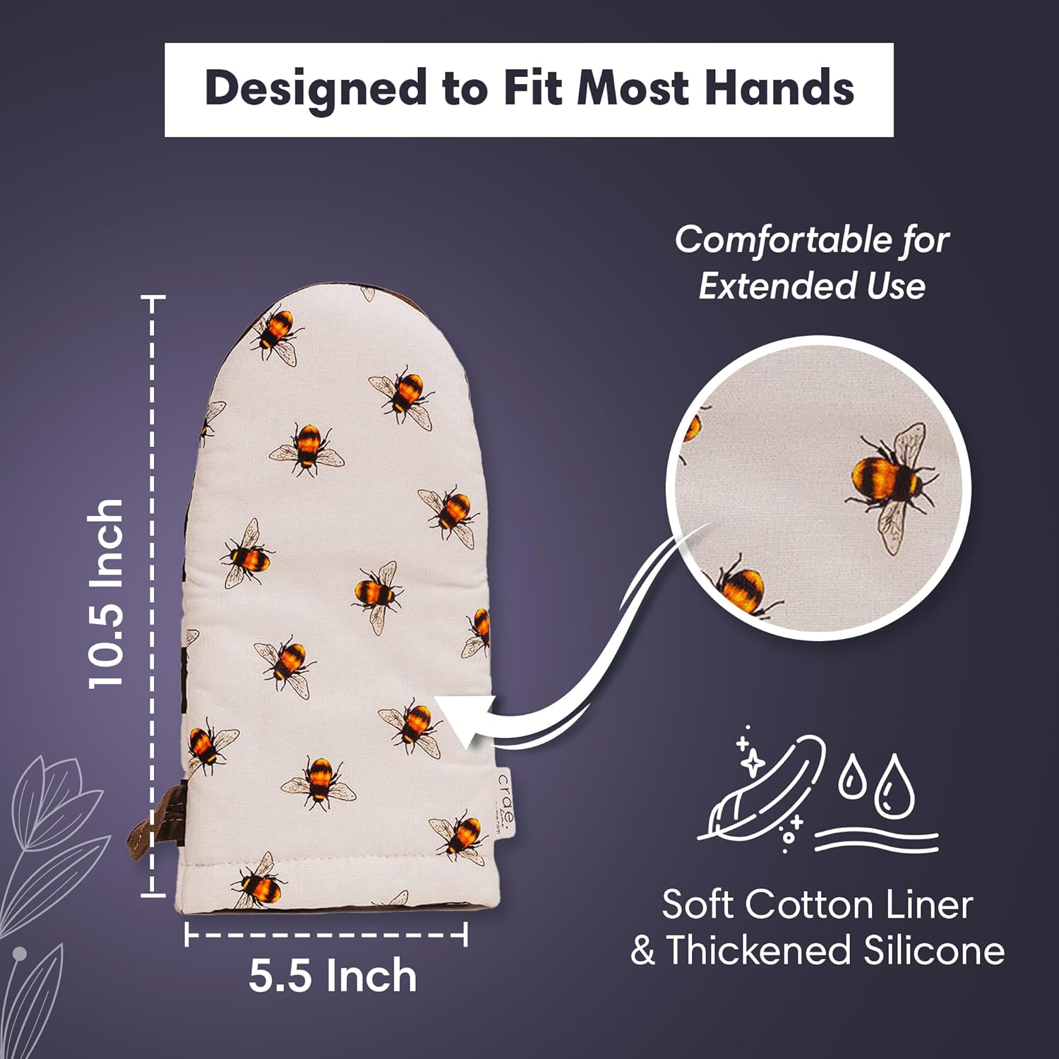 Crae Home - Cute Cotton Oven Mitt (Milk & Honey Pattern) | Silicone Grip Lined, Heat-Resistant Kitchen Mitt with Hanging Loop | Pot Holder Style Oven Glove for Baking & Cooking | 10.5” x 5.5”