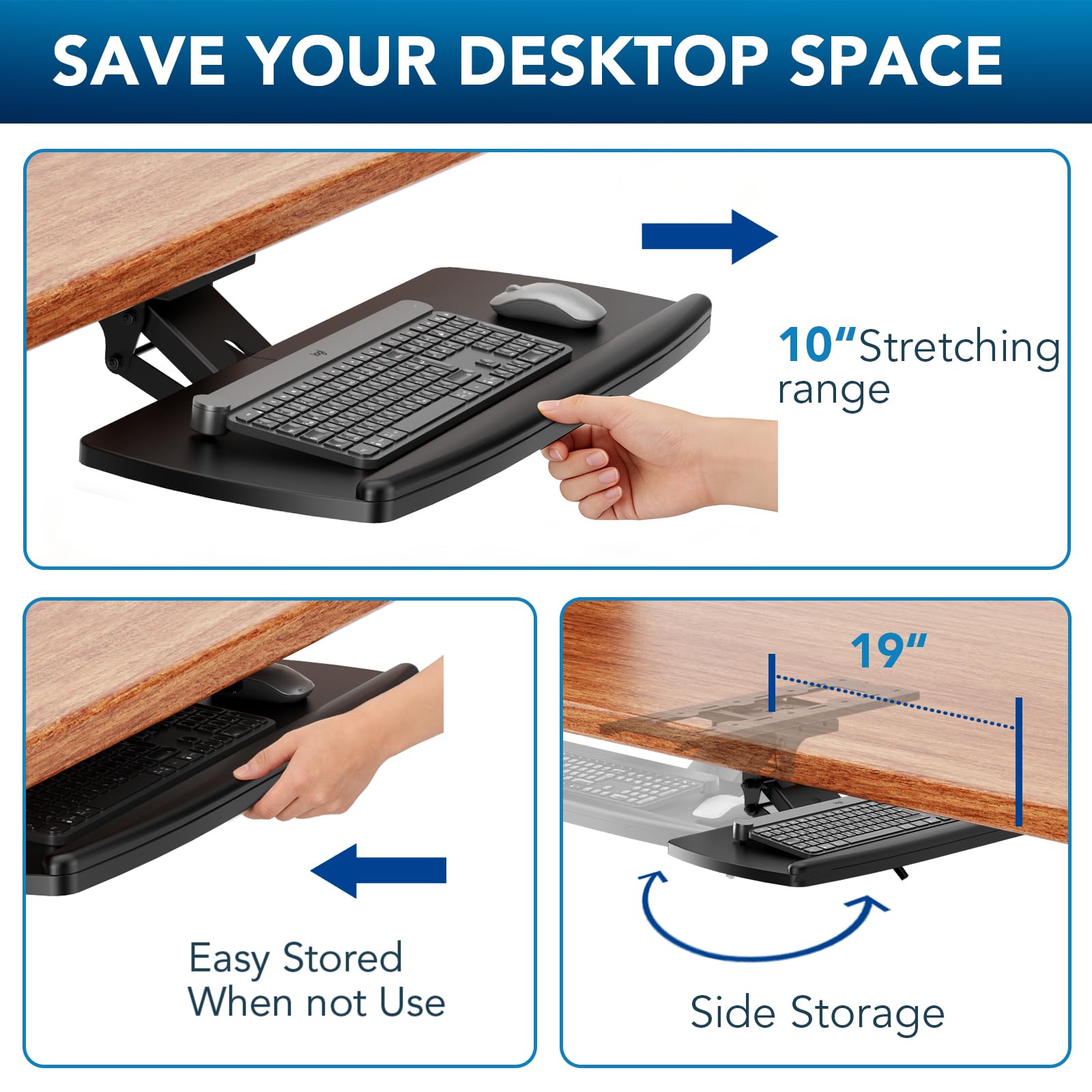 AX WABER Support pour clavier et souris sous le bureau avec tiroir de rangement, hauteur réglable, pivotant et inclinable à 360°, ergonomique, adapté au gaming et au travail de bureau, noir