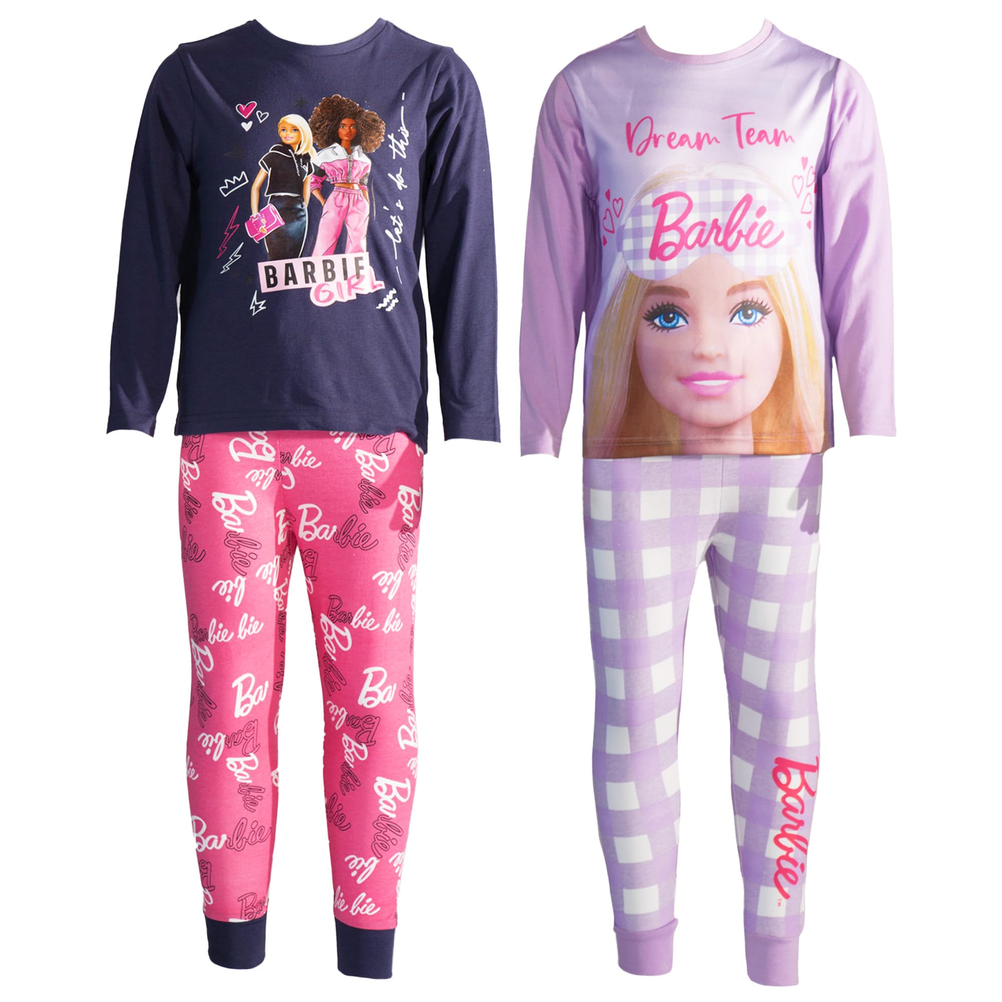 Barbie Set pigiama per bambini, confezione da 2, design Dream Team & Let's Do This | Biancheria da notte super morbida in 100% cotone | Elastico in vita e pantaloni con risvolto | Disponibile nelle