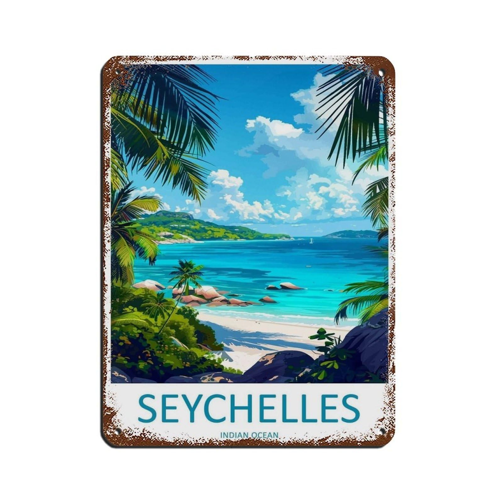 Seychelles Travel Art Seychelles Indian Ocean Retro Poster Metal Tin Sign Chic Art Retro Iron Painting Bar People Cave Cafe Family Garage Poster Wall Decoration 12x16inch(30x40cm)