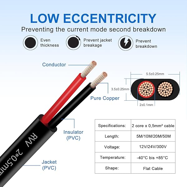 2 x 0.5 mm² Wire 2 Conductors Flat Cable 20 m 12 V/24 V Red/Black Electric for Boats/Automobiles/LED Bulbs - 2