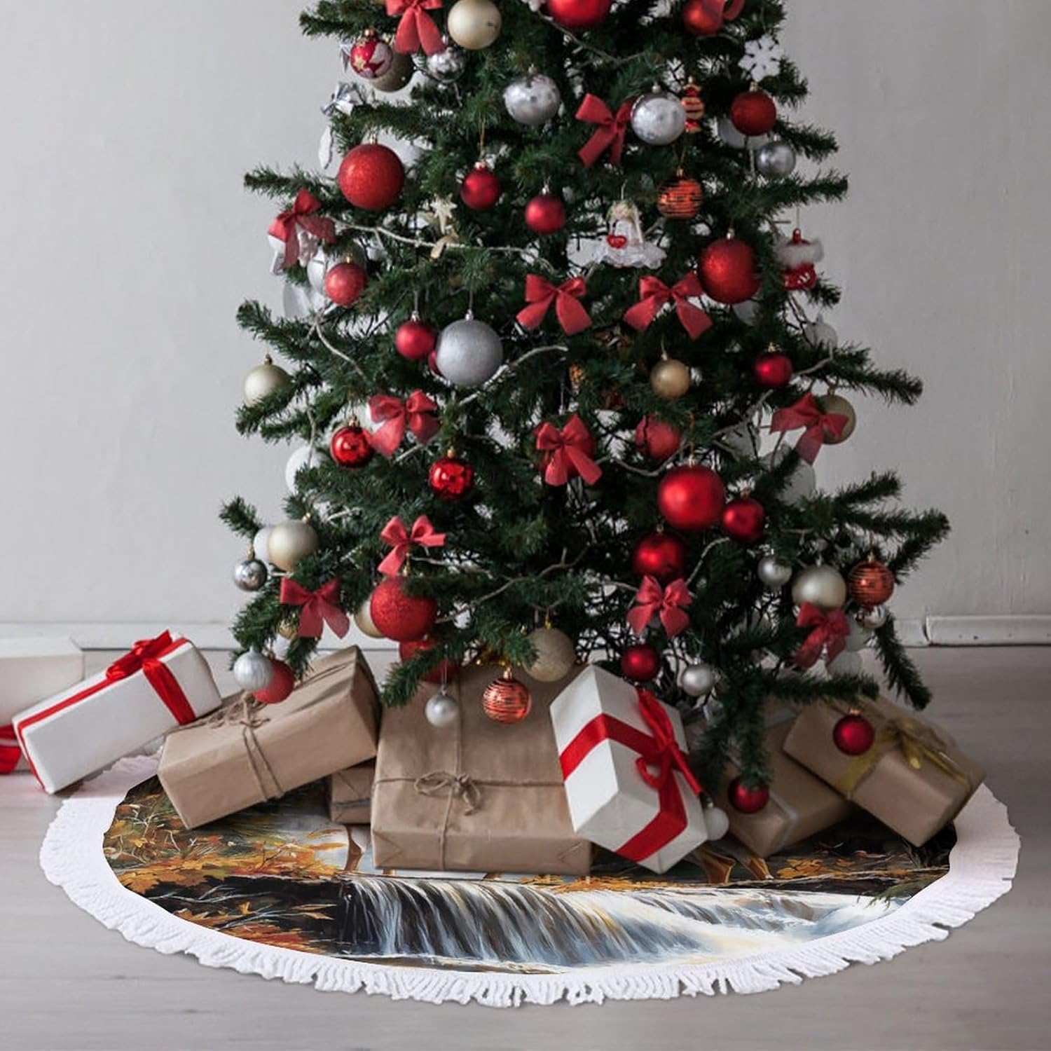 Deer Wild Animal Forests Christmas Tree Skirt Round Xmas Tree Mat Ornaments Tree Skirts with Tassels for Holiday Party