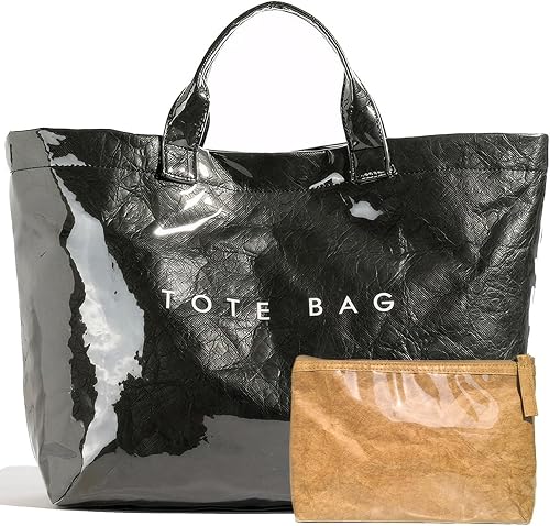 Trendy PVC Tote Bag for Women, Kraft Paper Letter Print Tote Bag Large Hobo Handbags with Top Handle, Black, L