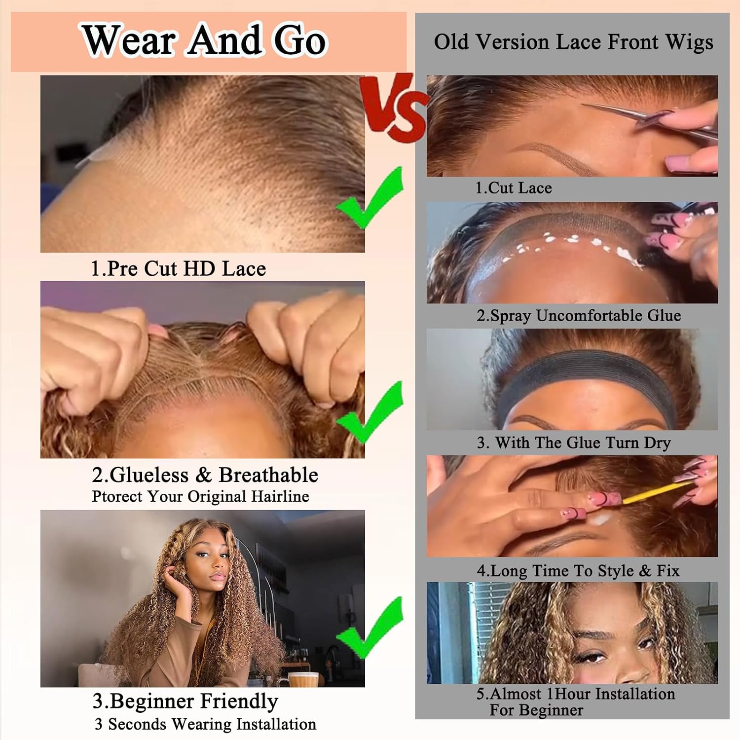 Ombre Highlight Glueless Wigs Human Hair Pre Plucked Pre Cut Curly Closure Wear and Go Glueless Wigs Human Hair Middle Part Balayage Water Wave Lace Frontal Human Hair Wigs for Black Women 4/27 22Inch
