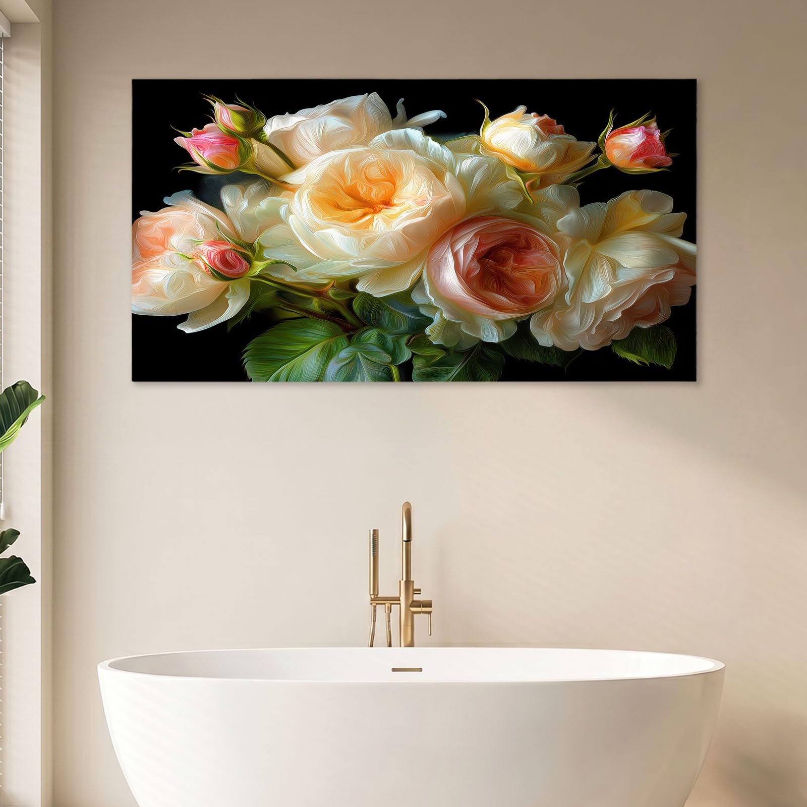 Drewniana rama na płótnie, sztuka ścienna, 140 x 70 cm, styl obrazu olejnego, grafika, obraz ścienny, czarna kwiatowa róża, roślina, obrazy na płótnie, do salonu, sypialni i przedpokoju