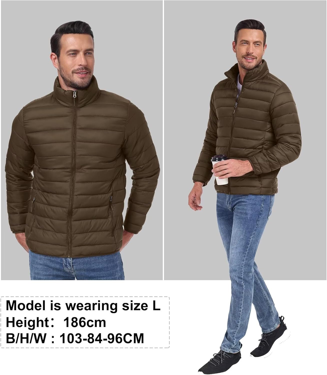 Mens Lightweight Puffer Jacket Thermal Windproof Water Repellent Quilted Padded Puffy Coats for Travel Casual Hiking Brown M - Image 6