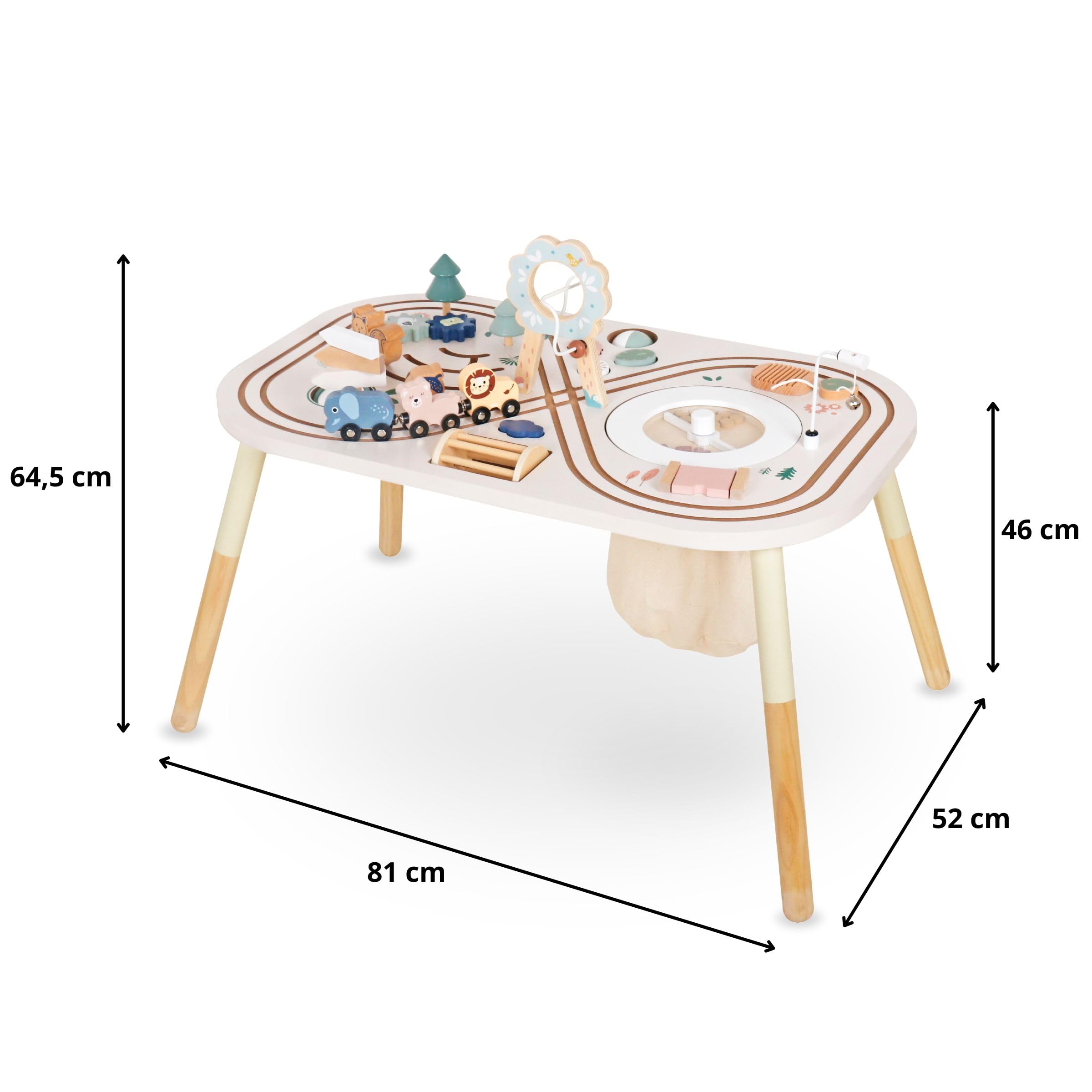 mamabrum Mesa Educativa de Madera 10 en 1 - Juguete Didáctico con Actividades Sensoriales para Niños +1 Año - Centro de Juegos con Engranajes, Laberinto y Tren - 81x52x64,5 cm