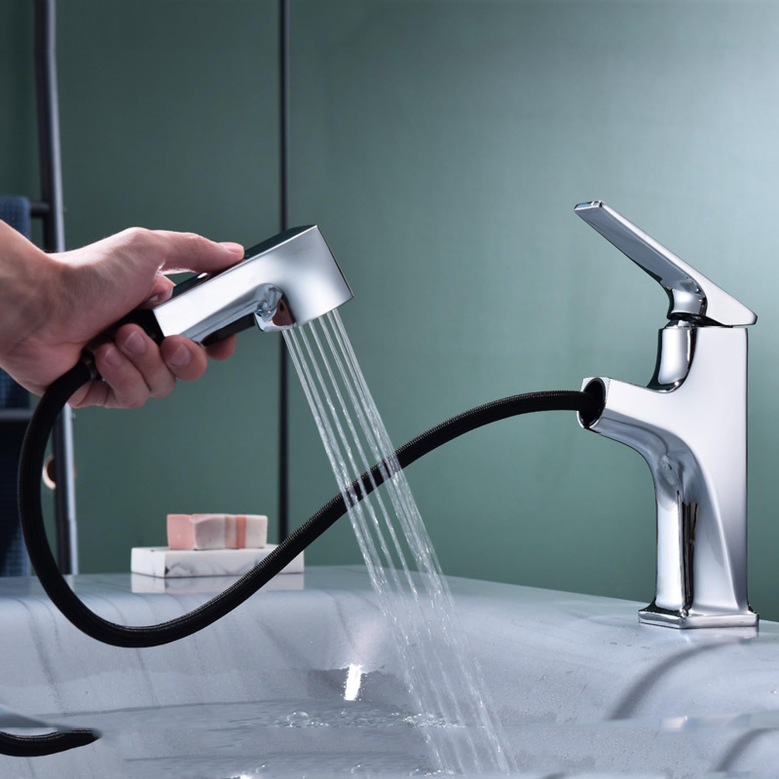 Mitigeur chaud et froid pour lavabo, robinet télescopique à douchette extractible chrome