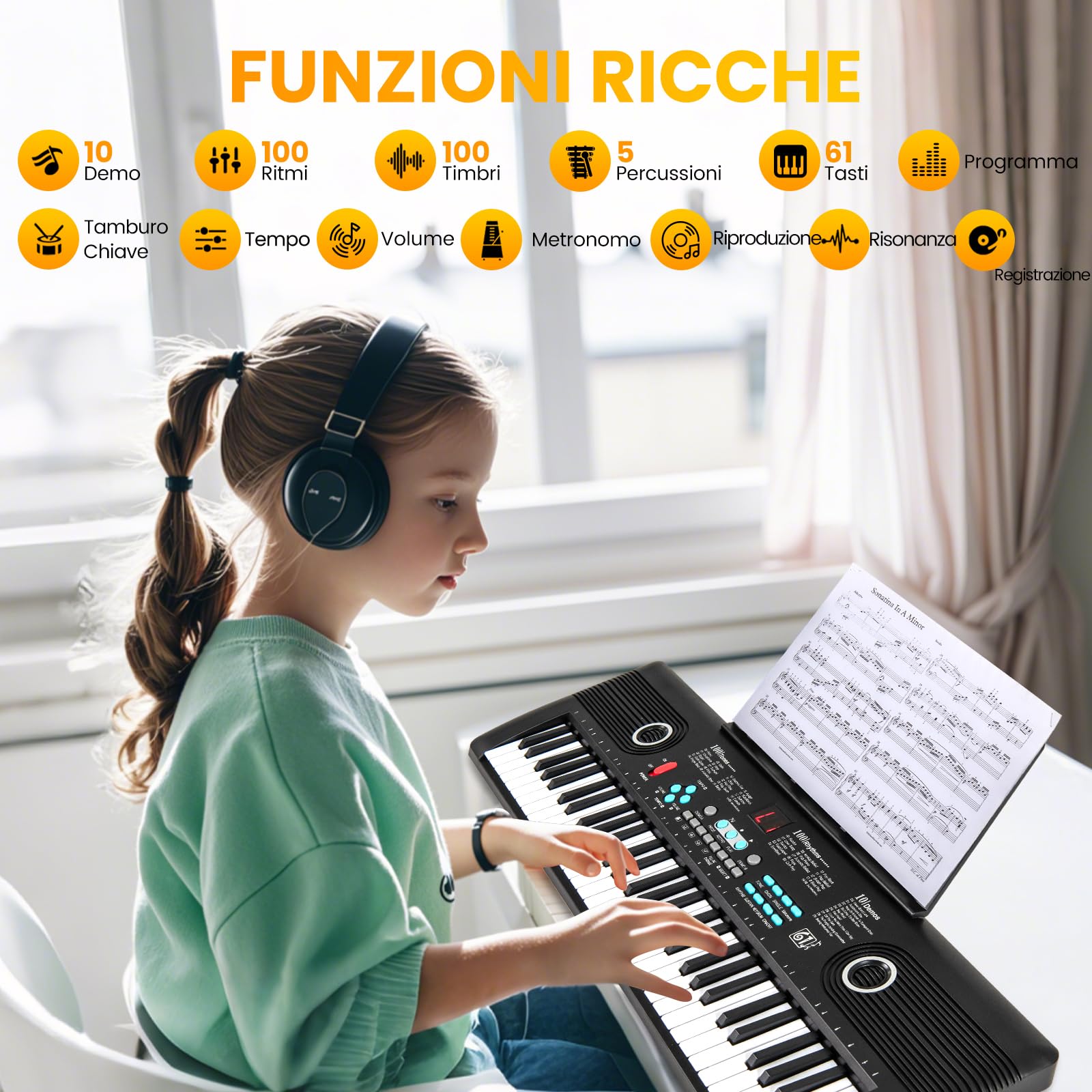 RELAX4LIFE Tastiera Elettronica a 61 Tasti, con Borsa, Microfono, Leggio, Alimentatore, per Principianti, Regalo Perfetto per Ragazze e Ragazzi