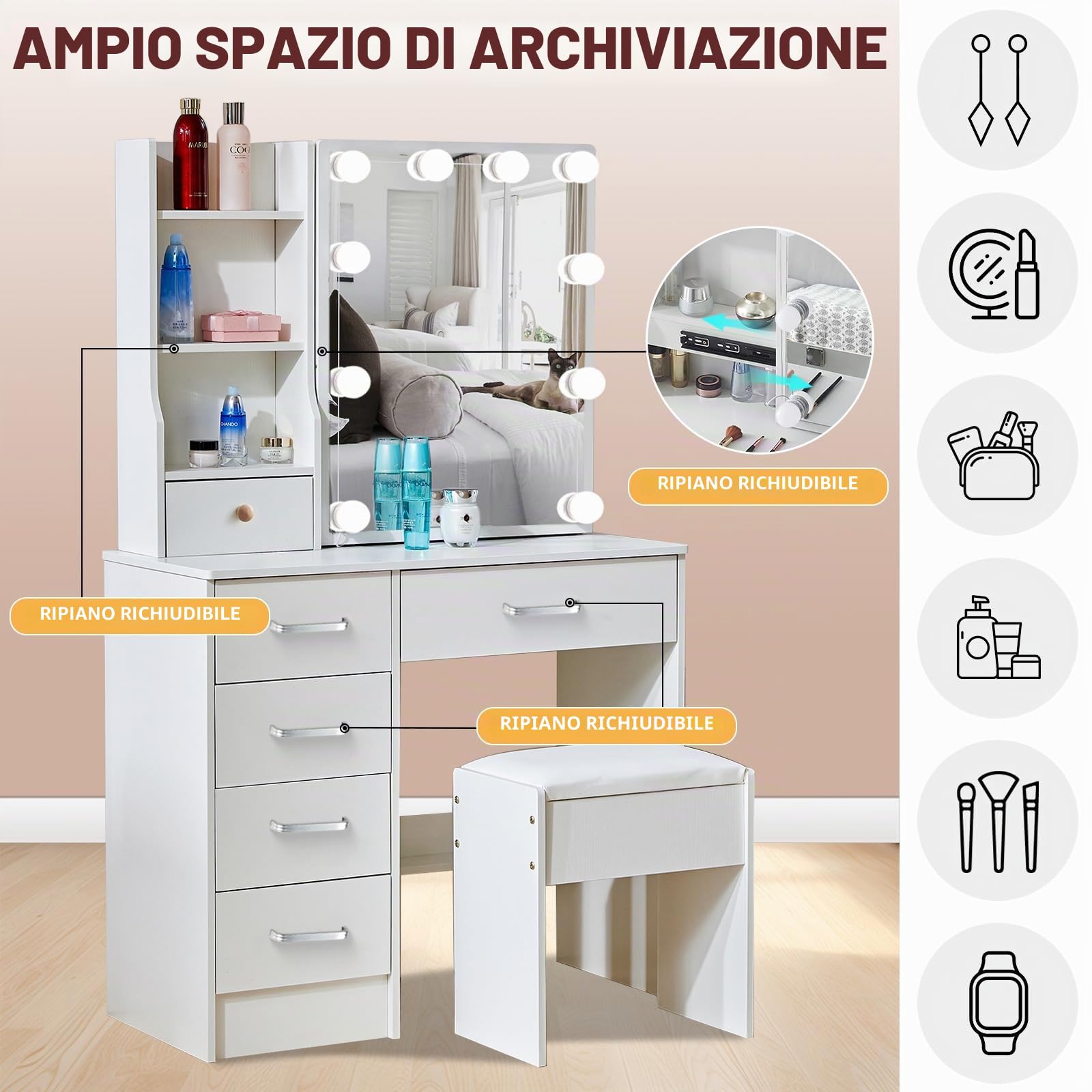 Tavolo da Trucco con Specchio e Luci, Luminosità Regolabile, Toeletta da Trucco con Sgabello, 6 Cassetti e 6 Ripiani, Postazione Trucco, Moderno, Bianco 80x36x130 cm