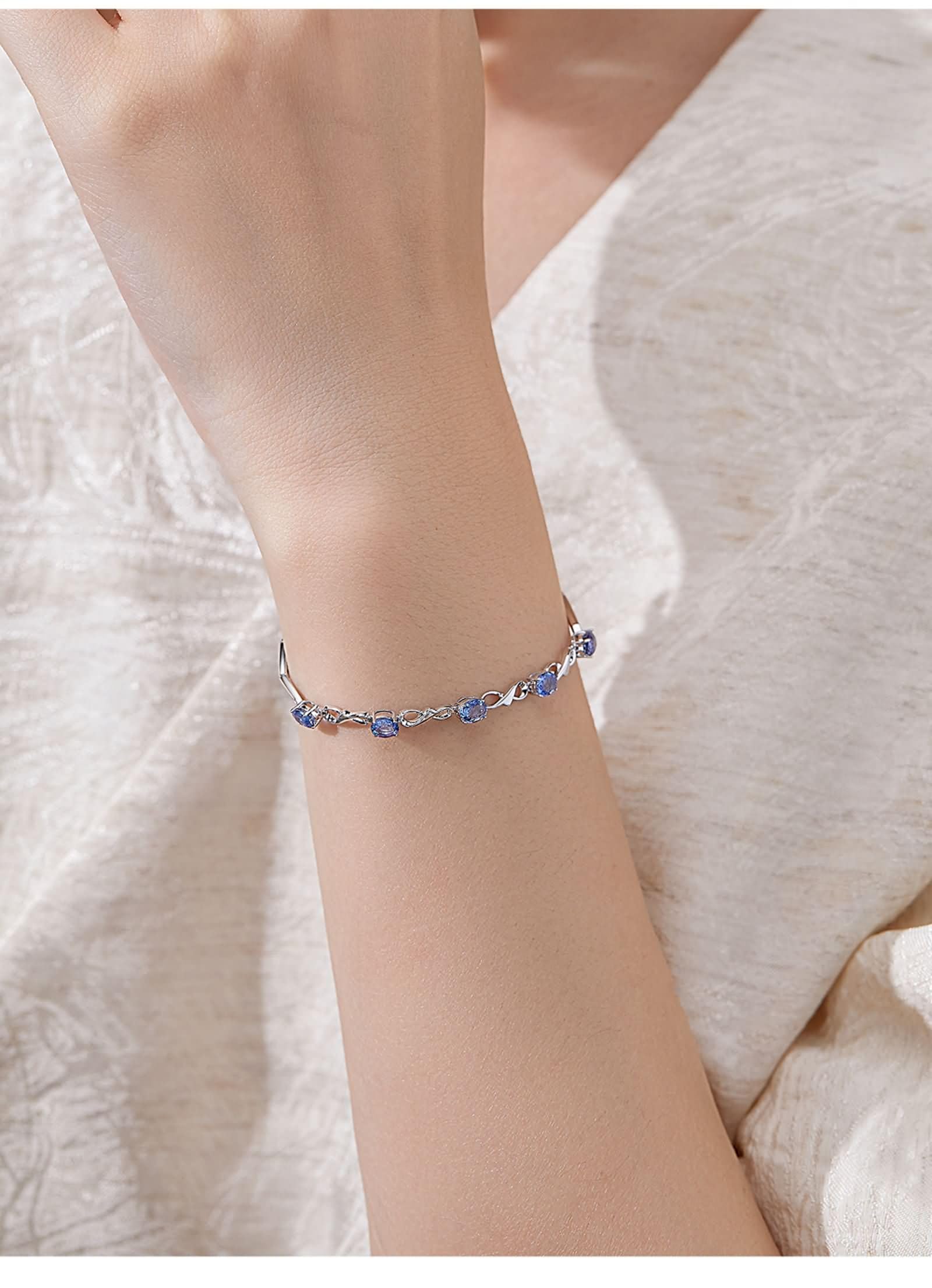 Pulseras de zafiro para mujer, infinito con zafiro, pulseras de oro blanco de 14 quilates para mujer, 20 + 3 cm
