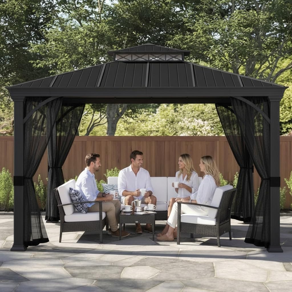 ele ELEOPTION Universal 12ftx 12ft Gazebo Replacement Mosquito Netting, Black 4-Panel Netting Walls with Double Zippers for Patio (Mosquito Net Only)