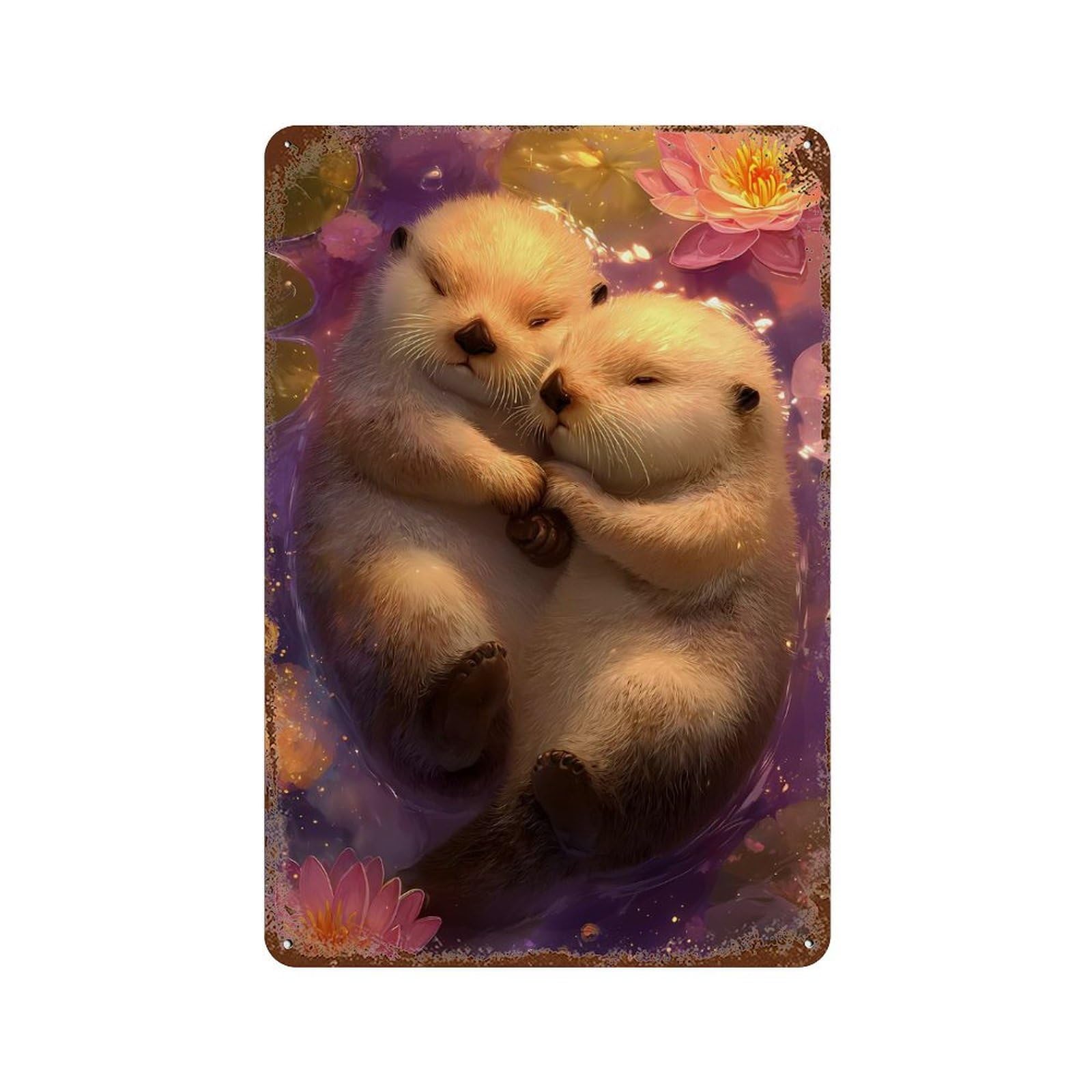 Two Otters Cuddling in Water Lilies Rusty Metal Tin Sign 11.8"x7.9", Shabby Chic Decor for Garage, Bar And Workshop Decor