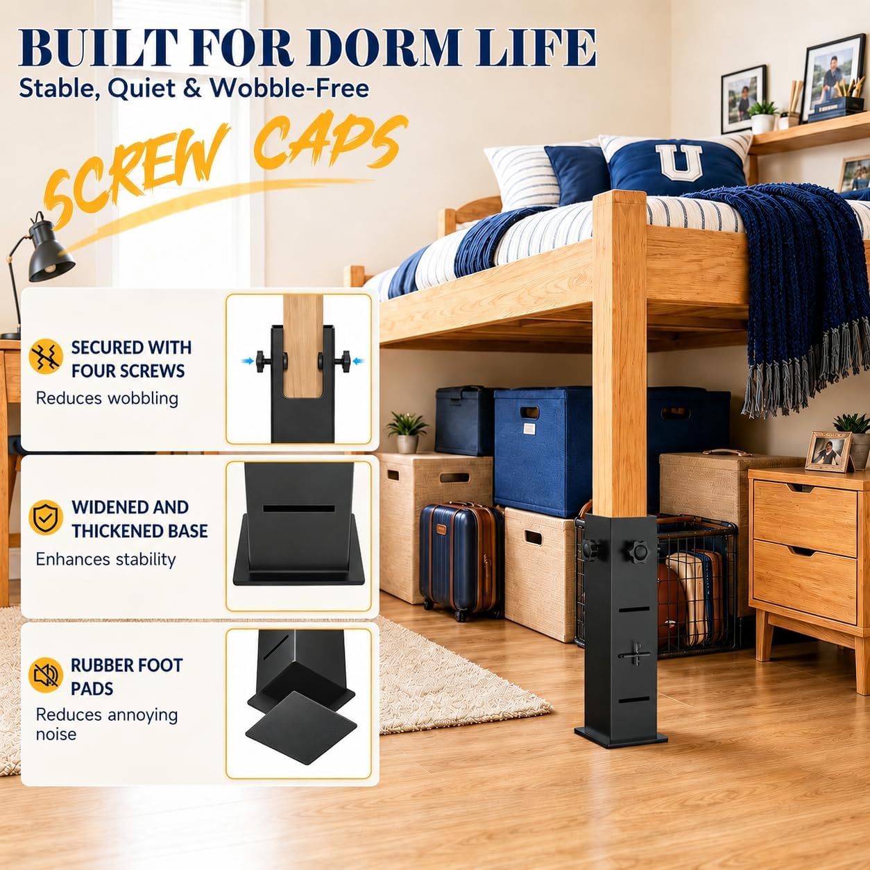 College Dorm Bed Risers Heavy Duty Extra Tall - 2/4/6" Aadjustable Height, Thickened Steel Bed Risers Fit Bed Legs Up to 2.2“, Wide Base Bed Extenders for Dorm, Metal Dorm Bed Lifting Kit
