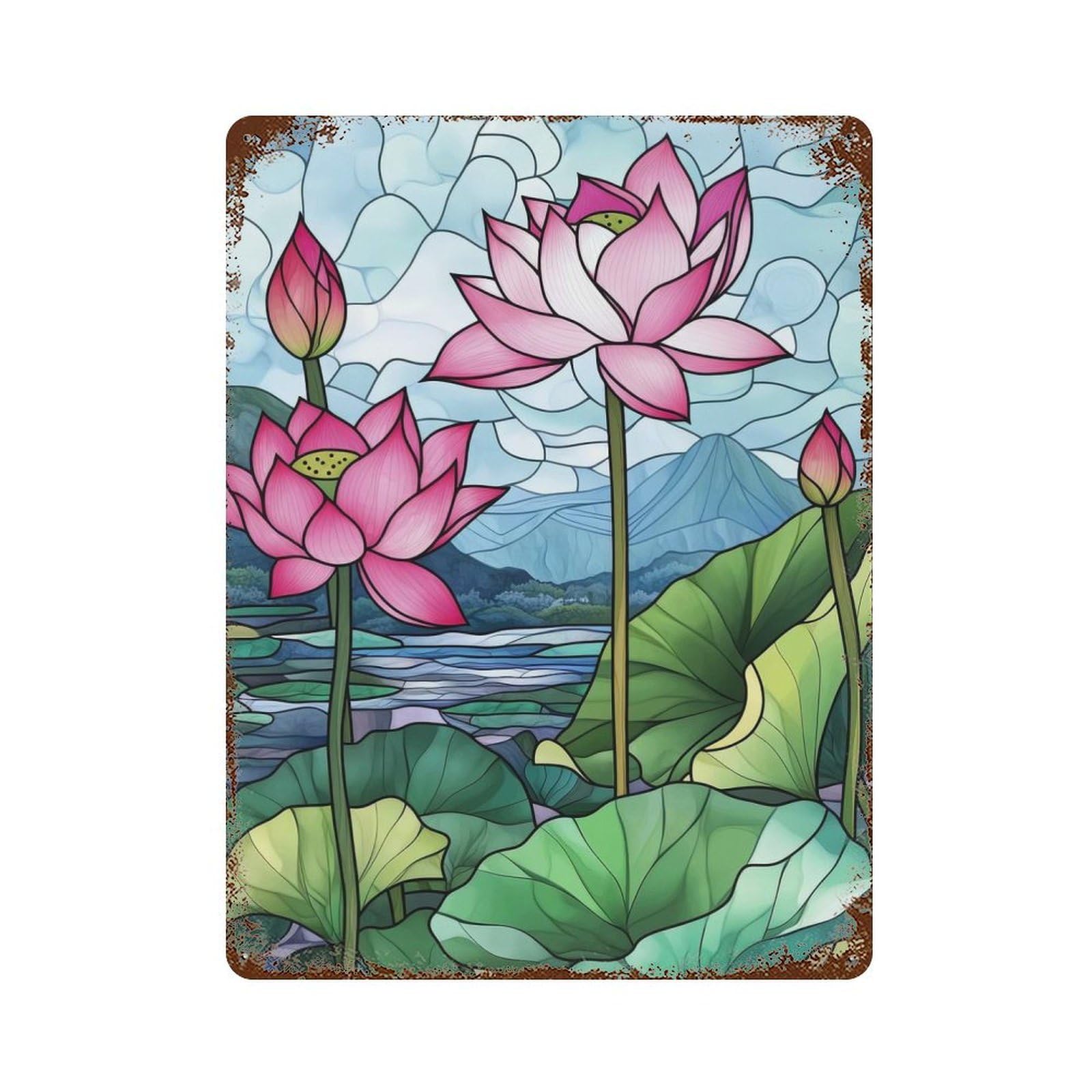 Lotus Flowers in Stained Glass Retro Metal Sign 15.7"x11.8", Shabby Chic Decor for Garage, Pub Or Kitchen