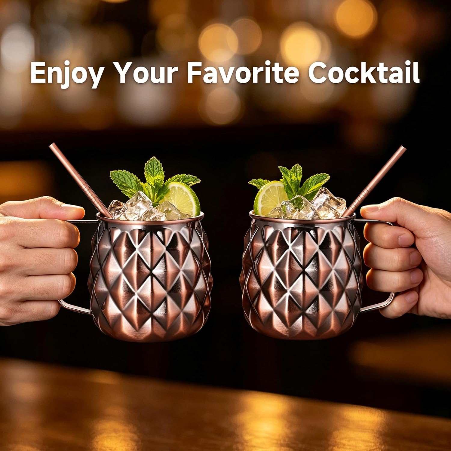Pineapple Moscow Mule Mugs Set of 4 with Measuring Cup & Straws,Stainless Steel and Red Bronze Copper Plated Finish, 17oz Cups for Cold Drinks, Beer, Wine, Bars, Parties,Gifts