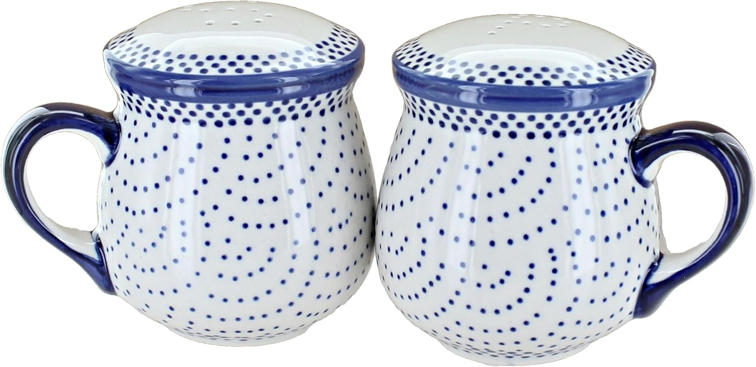Blue Rose Polish Pottery - Blue Small Dots Salt & Pepper Shakers with Handles - 3.75" Tall - Hand-Painted Ceramic Seasoning Set for Table & Kitchen