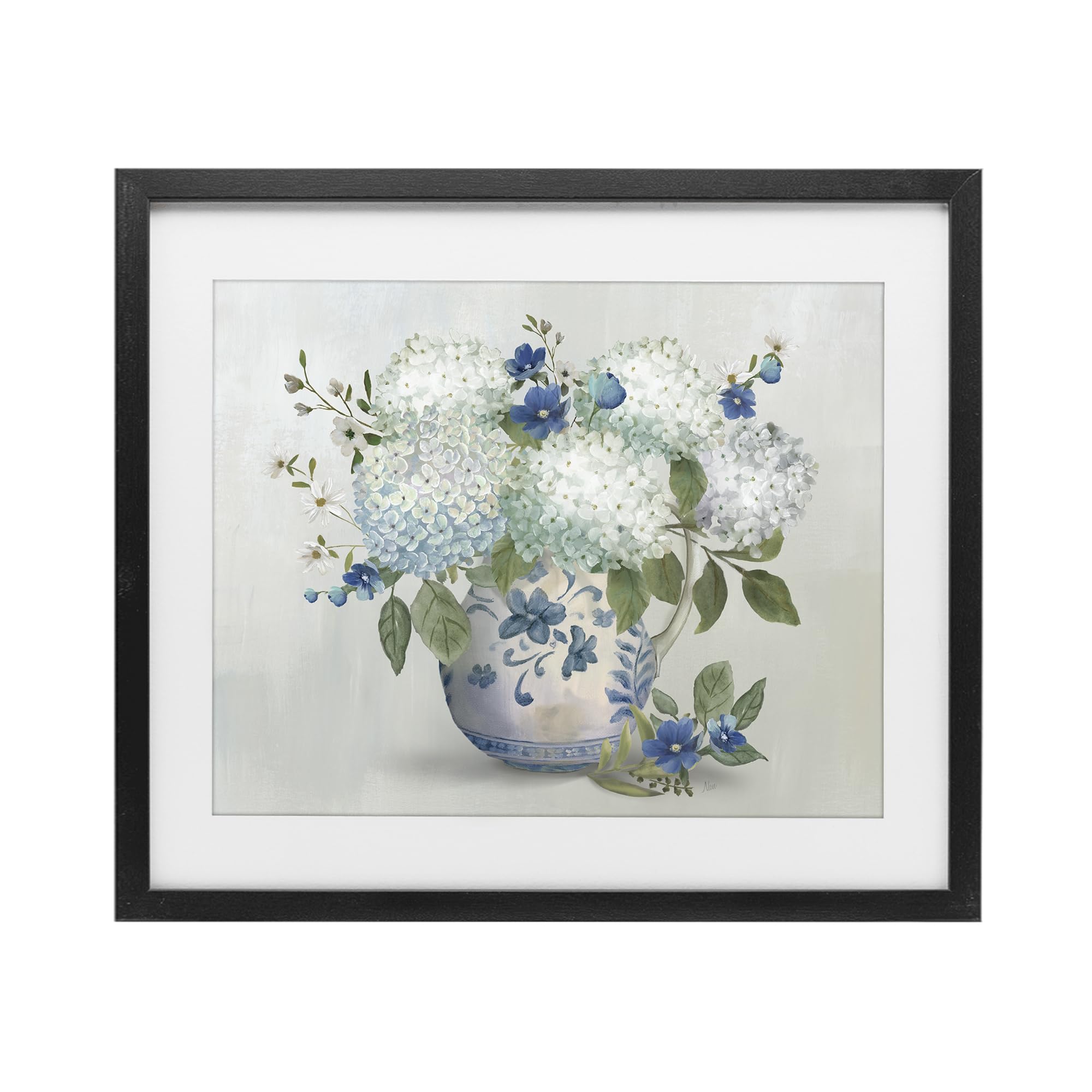 Stupell Industries Ivory And Blue Hydrangea Vase, Elegant Botanical Floral Decor for Dining Room, 17 x 21 Inch Framed Matted Print Under Glass, by Nan, Made in USA Gift