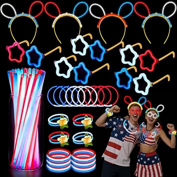 LUKBERA 212pcs Glow Sticks Bulk Party Supplies, Glow in the Dark Eyeglasses Bracelets Headbands Red White Blue Glow Sticks for Wedding Birthday Halloween 250th Anniversary 4th of July Party