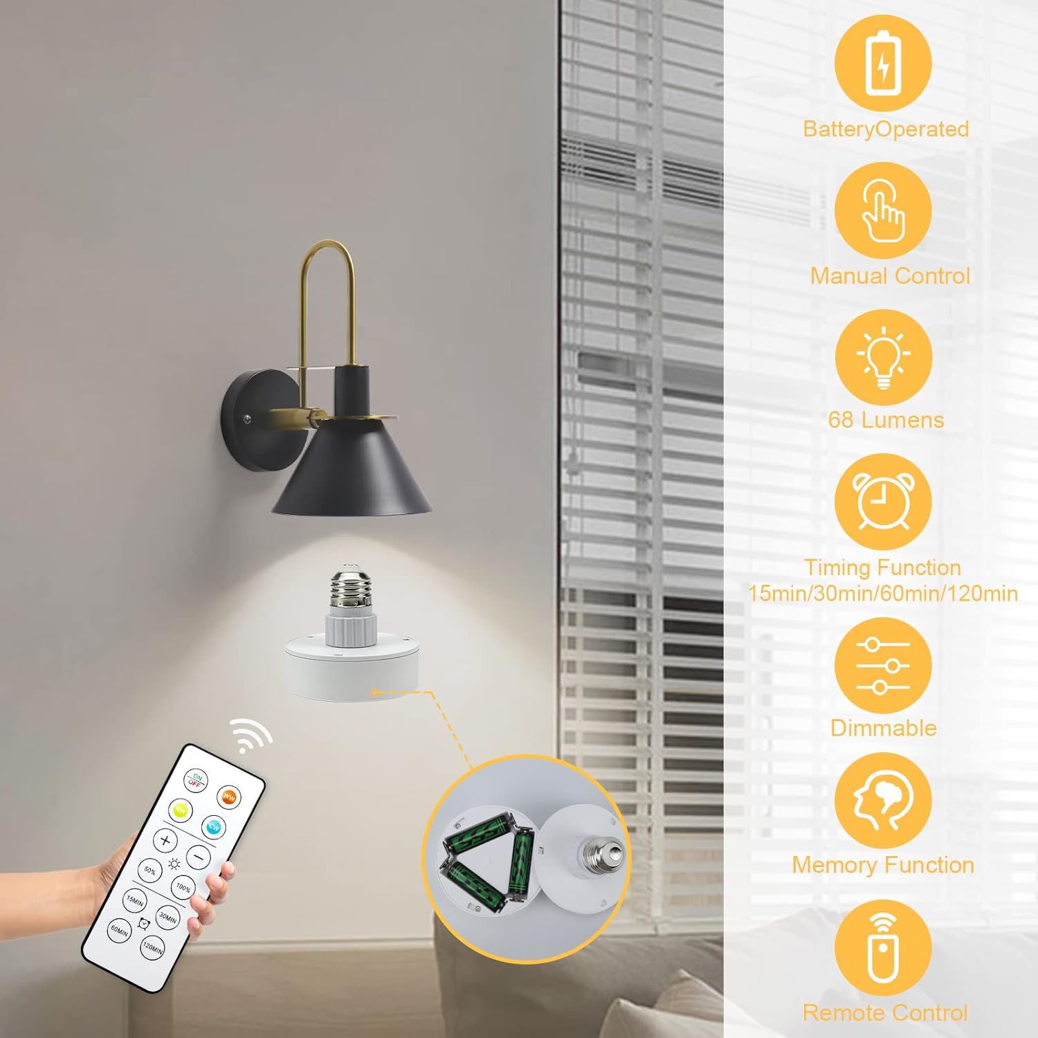 Battery Operated Light Bulbs Sets of 2, LED Puck Lights with Remote Control, AA Battery Bulb with Memory Function, dimmable E26 Screw in Type for Non Electric Pendant Light and Wall Sconce