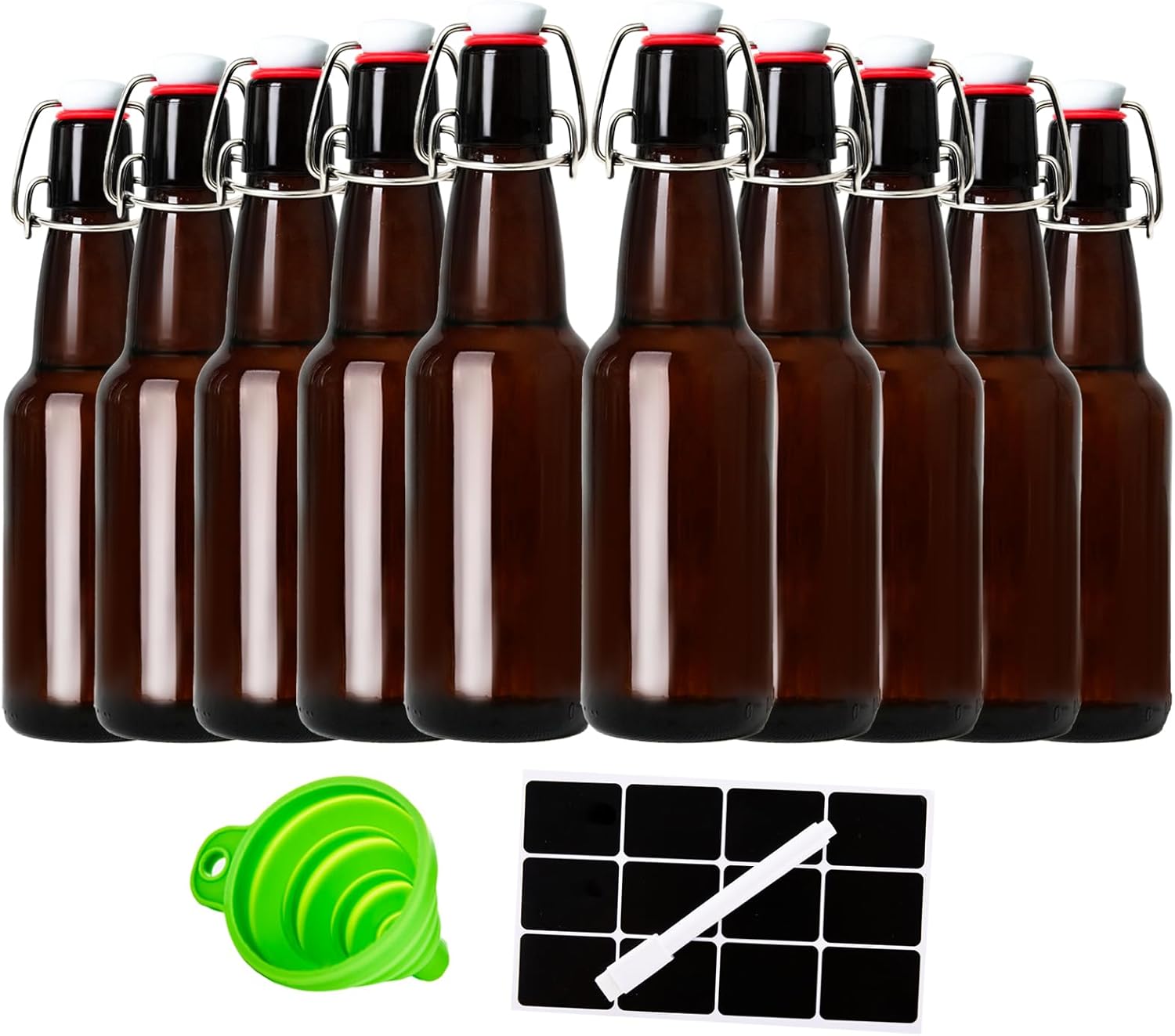 12oz Amber Glass Beer Bottles with Flip Top Airtight Lids, 10 Pack Swinging Top Home Brewing Bottles for Kombucha, Vanilla Extract, Kefir, Juice, Wine, Fermentation