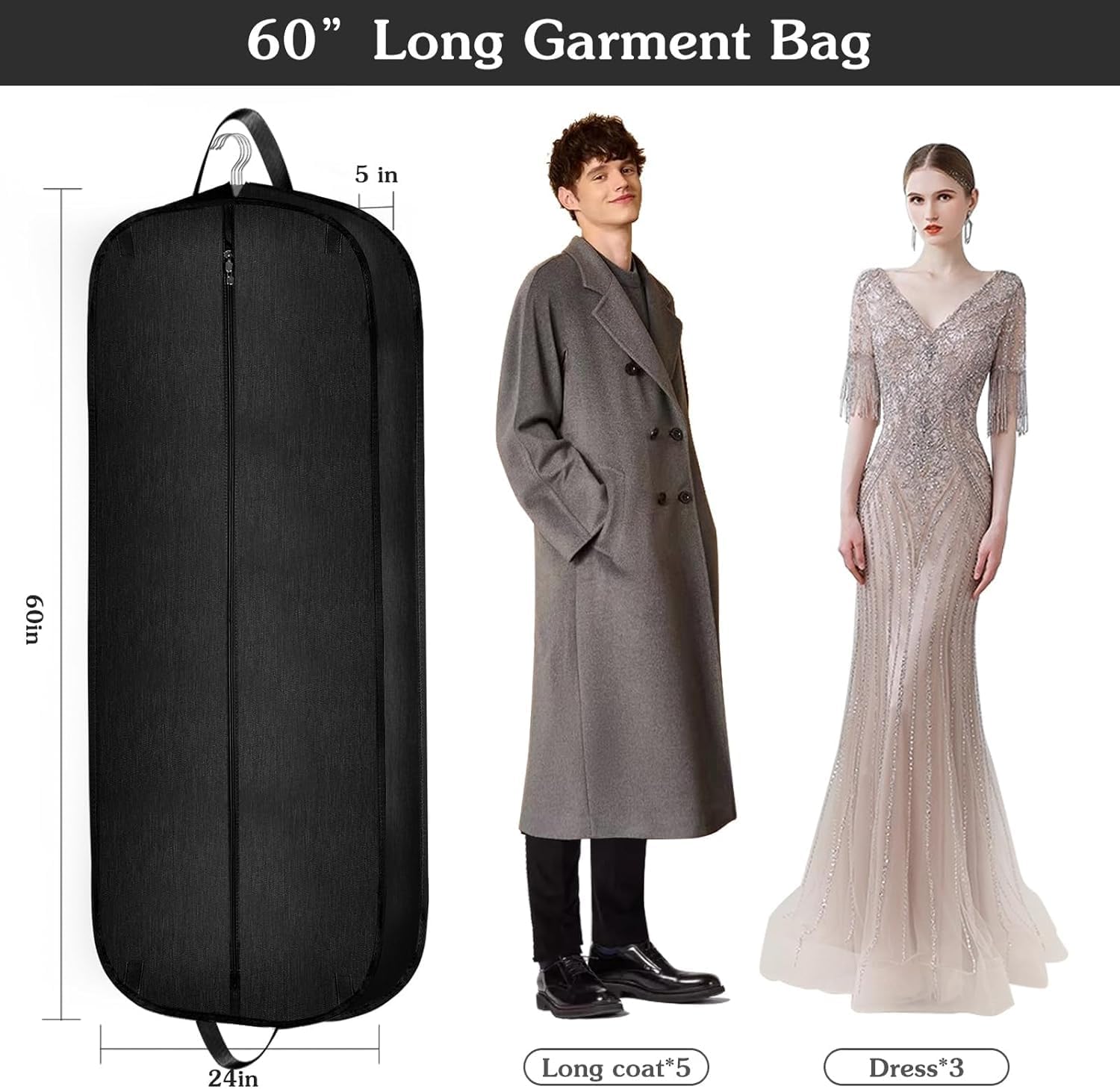 Limoomil 60 Inch 2 Packs Heavy Duty Tear Resistance Wedding Dress Bag for Wedding Travel, Waterproof Dress Cover for Closet Wardrobe. Garment Bag for Gowns, Tuxedos, Dress, Long Coats. Darkgrey