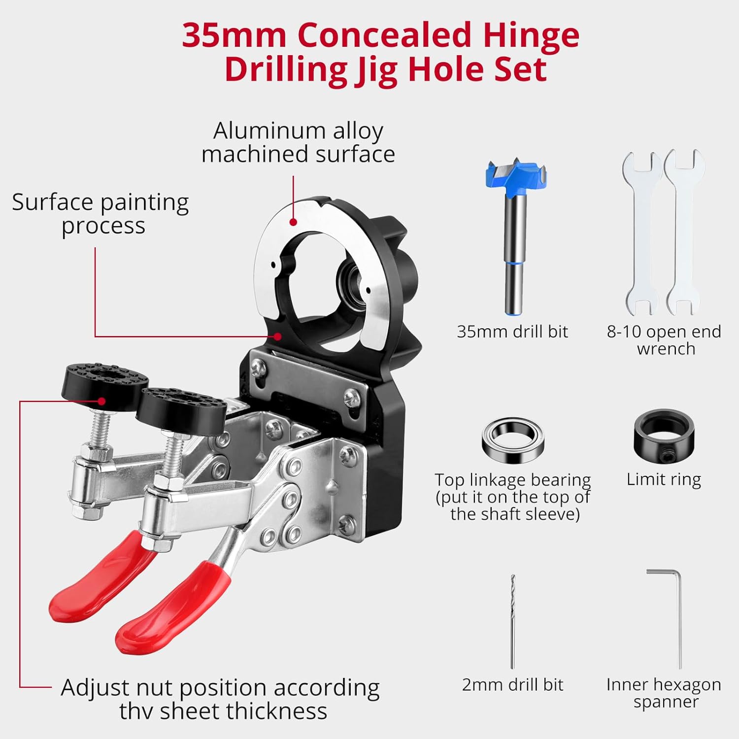 XUNTOP 35mm Concealed Hinge Jig, Aluminum Alloy Cabinet Hinge Jig, Double Clip Fixed More Stable, Precision Door Hinge Tool for Wood Furniture Door Cabinets