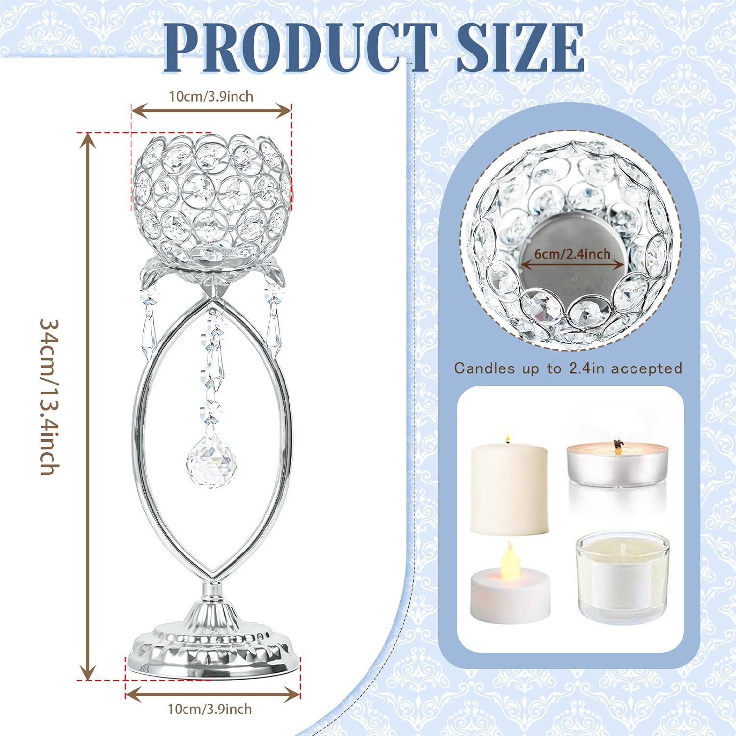 6 Pcs Silver Elegant Metal Crystal Tea Light Candle Holders with Crystal Pendants, Hollow Design - Wedding Table Centerpieces for Anniversary Birthday Party, Home Decor