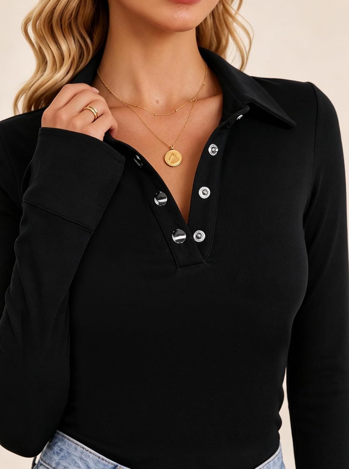 Avanova Women Collared Polo Shirt Long Bell Sleeve Top | V Neck, Button Placket, Split Flared Cuff, Slim Fitted, Business Casual, Work, Office, Lightweight, Stretch
