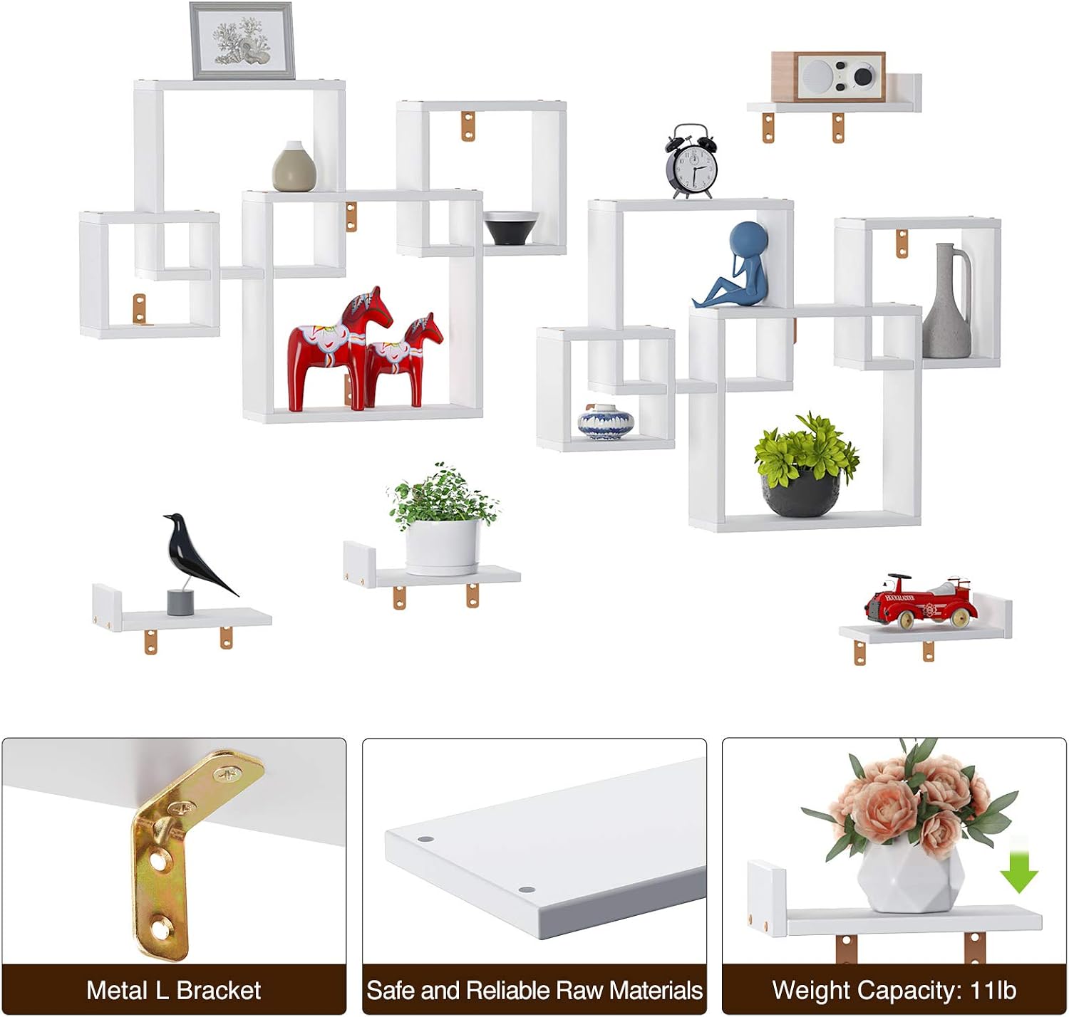 Rolanstar Floating Shelves, Wall Mounted 4 Cube Intersecting Floating Shelf Set for Decor and Storage for Living Room, Bedroom, Home Decor Furniture, White 2 Pack