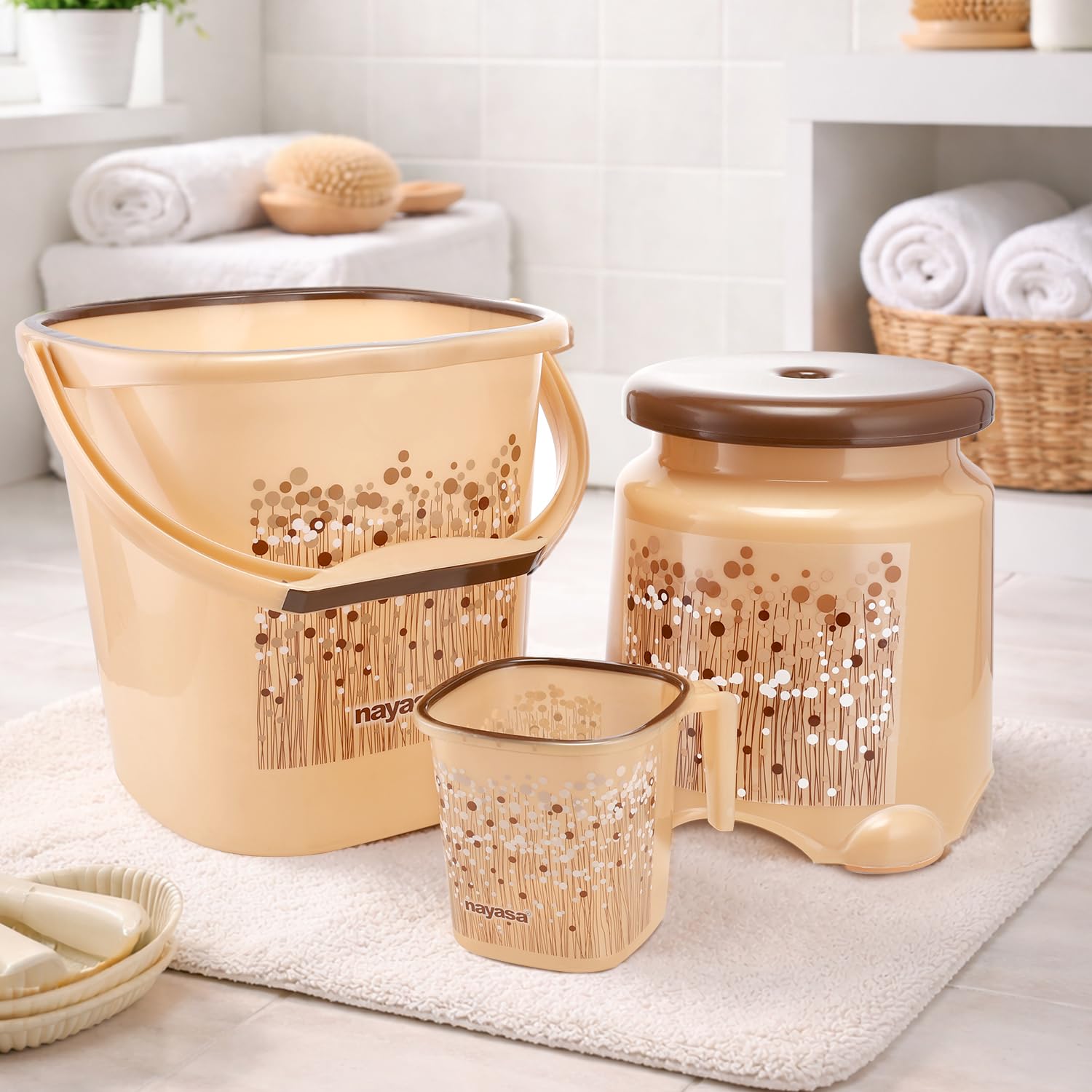 Nayasa Square Ring Funk Plastic Bathroom Bucket Set with Mug & Stool | 18 Liters Bucket + 1.5 Liters Mug | Set of 3 | Brown