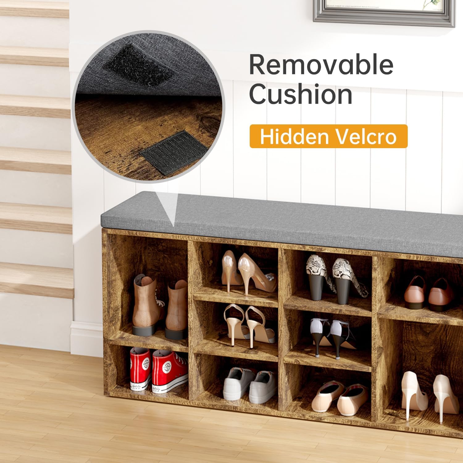 PayLessHere Shoe Bench Storage Bench Shoe Storage Organizer with Cushion Padded Seat 10 Compartments for Entryway Hallway Living Room Bedroom Entryway Bench (Brown)