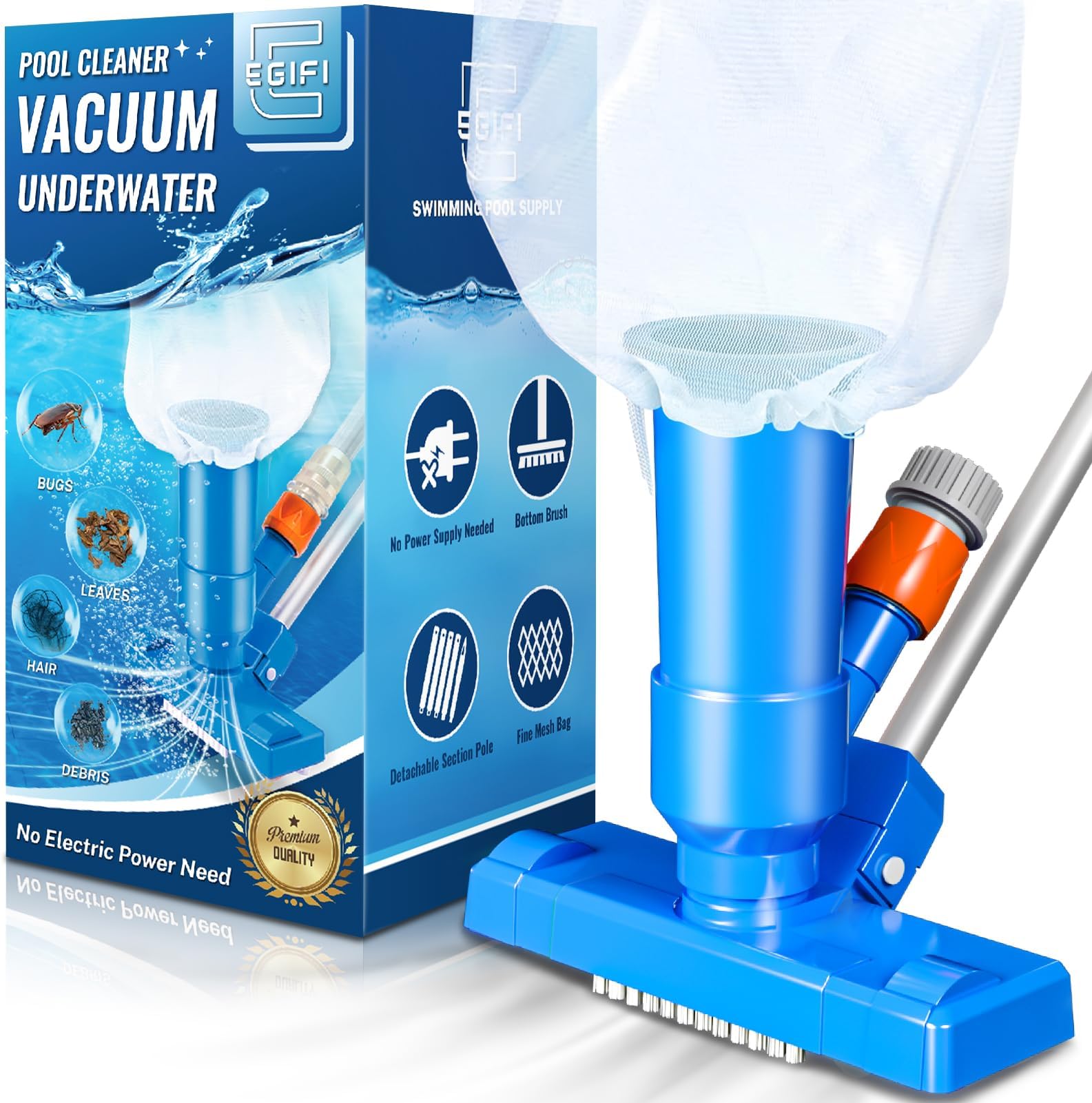 Portable Pool Vacuum for Above Ground Pool, Jet Underwater Cleaner with 3 Scrub Brush, Mesh Bag and 5 Section Pole of 47", Attach to Common Garden Hose, Light Blue