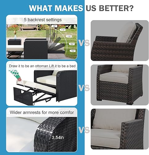 Miniatura 8 de Juego de muebles de mimbre para patio al aire libre juegos de muebles convertibles de ratán con cojín otomano impermeable para exteriores, sillas de