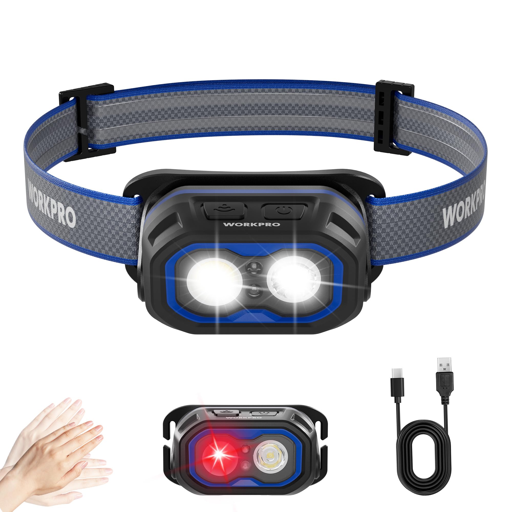 WORKPRO 1200LM Headlamp: Rechargeable, IPX6, Motion Sensor