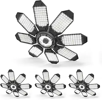 Garage Lighting - 80000LM Super Bright 6500K Garage Lights Ceiling Led w/ 8 Deformable Panels Compatible for E26/E27 Screw in Garage Light Bulb for Shops Barn Basement Attic - 4Pack