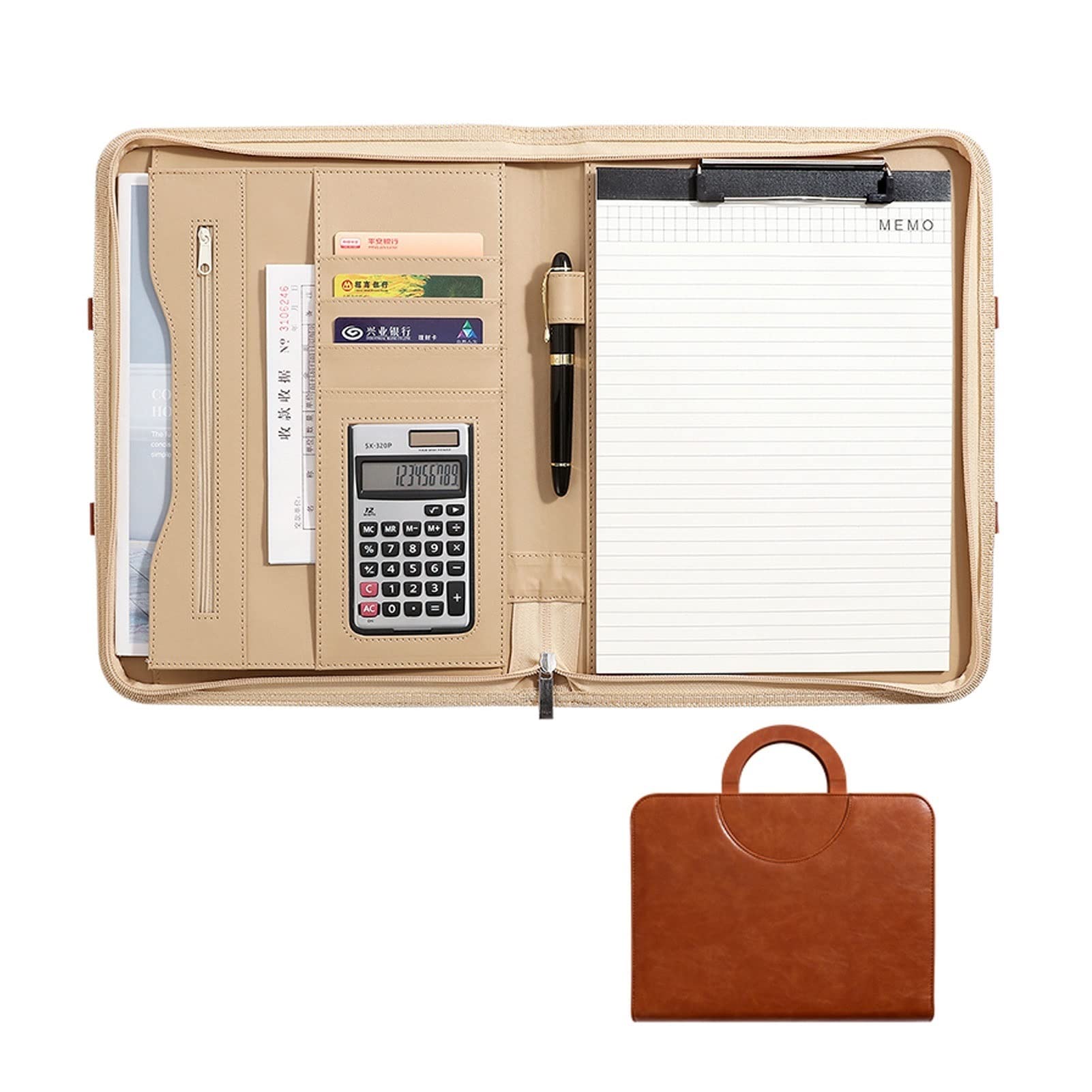Cartella per Documenti in Pelle A4, Portafoglio in Pelle vegana con Cerniera Padfolio Business Case Organizer per Donne e Uomini con Maniglia Blocco Note Curriculum e Documenti
