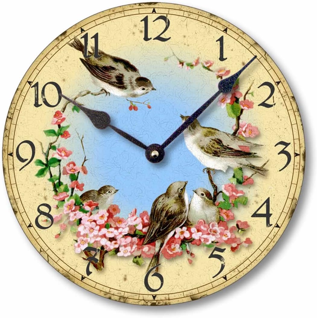 Item C7001 Vintage Style 10.5 Inch Birds & Cherry Blossoms Wall Clock