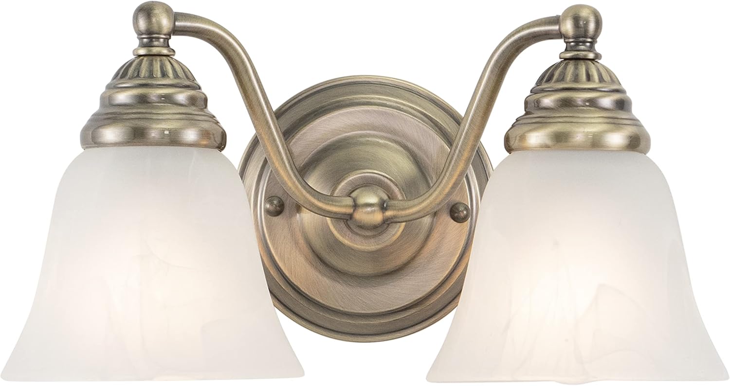 VAXCEL Standford 2-Light 13 inch Wide Antique Brass Gold Traditional Bathroom Vanity Lighting Fixture, White Alabaster Glass Shade, Dimmable, LED Compatible, Over The Mirror Mounted Steel Wall Sconce