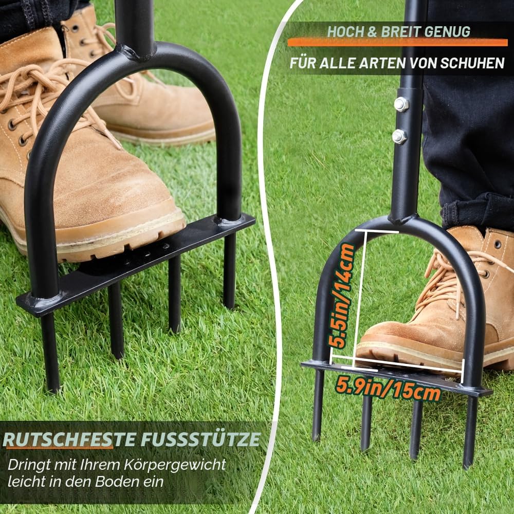 Colwelt Rasenbelüfter für verdichtete Böden und Rasenflächen, rutschfester T-Griff, mit vier 9 cm massiven Stahlspießen, 96 cm