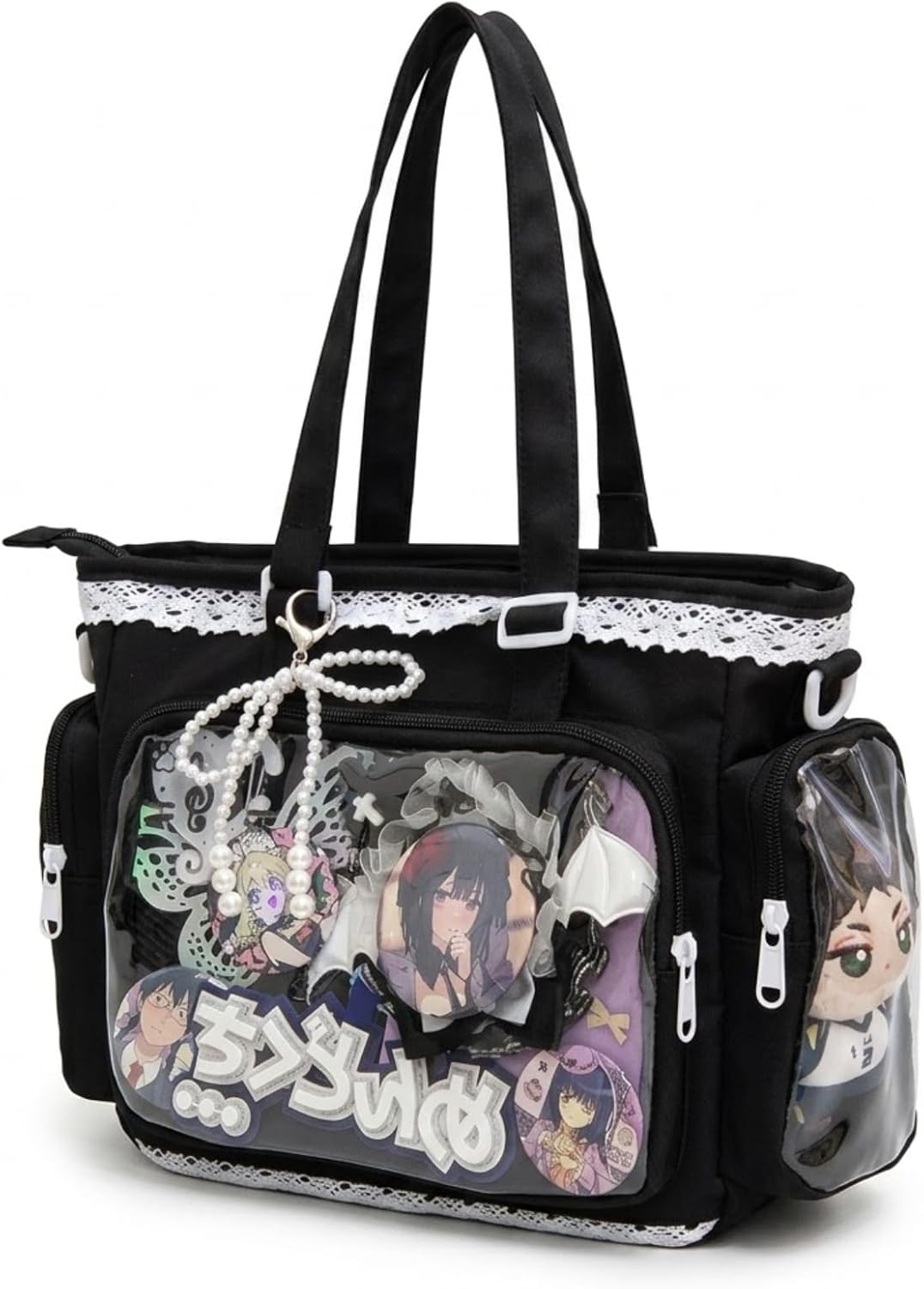 Ita Bag Display Tote with Clear Window, Decorative Pin Collector Purse (Black)