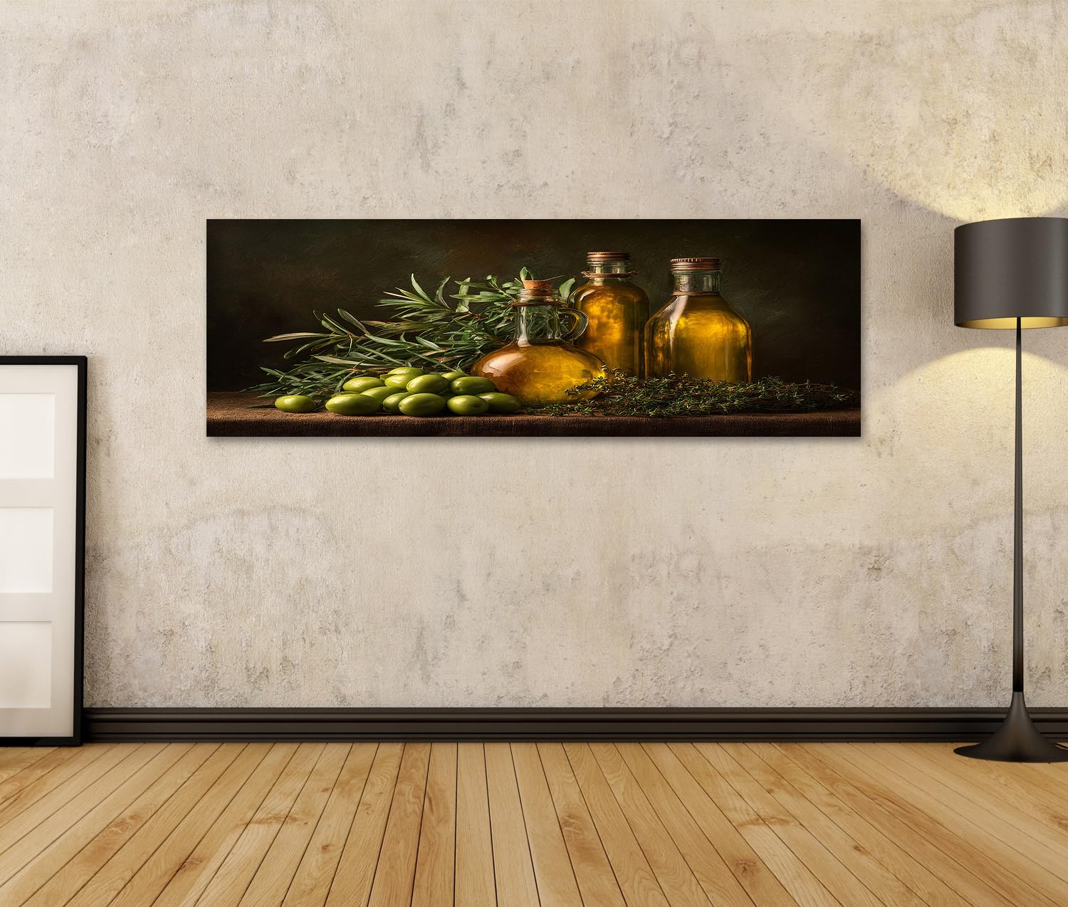islandburner Primer Imagen sobre lienzo Botellas de aceite de oliva y aceitunas con kraeutern bodegón - lienzo 120x40cm - Panorama