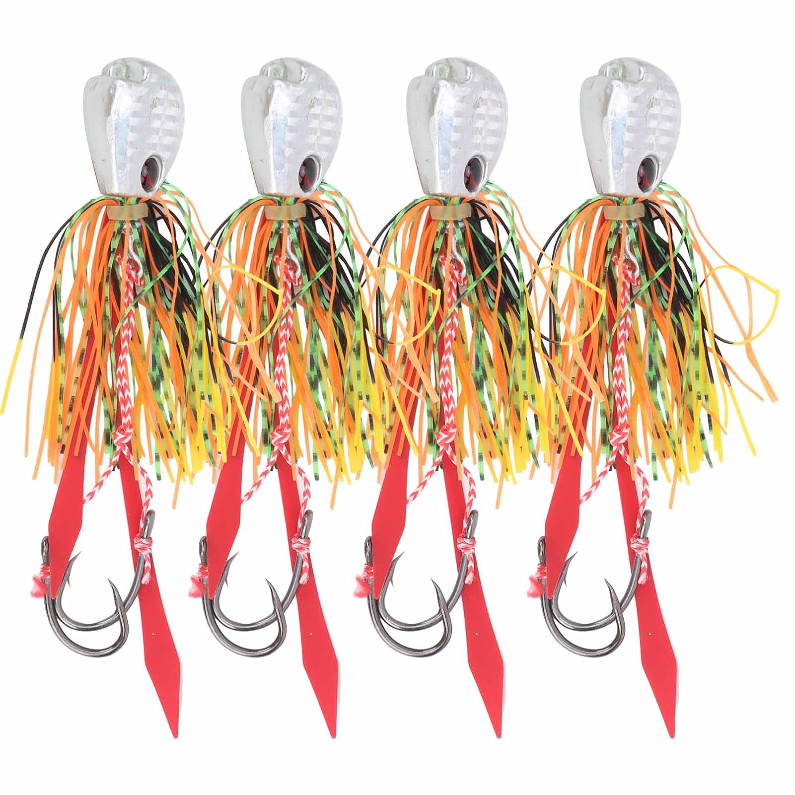 4Pcs Fishing Lures with Silicone Skirts, Artificial Soft Baits with 3D Eyes and Realistic Action, Durable Silicone Skirted Jigs for Freshwater Saltwater Bass Trout (Silver)