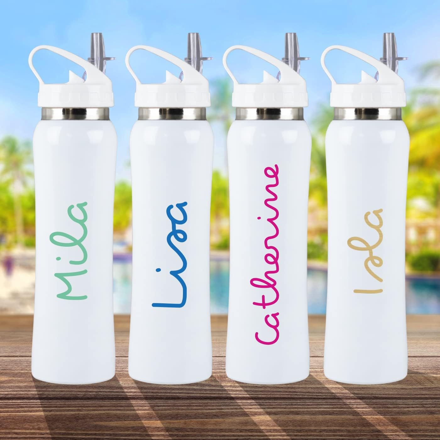 eBuyGB Personalised White Stainless Steel Water Bottle with Flip Straw