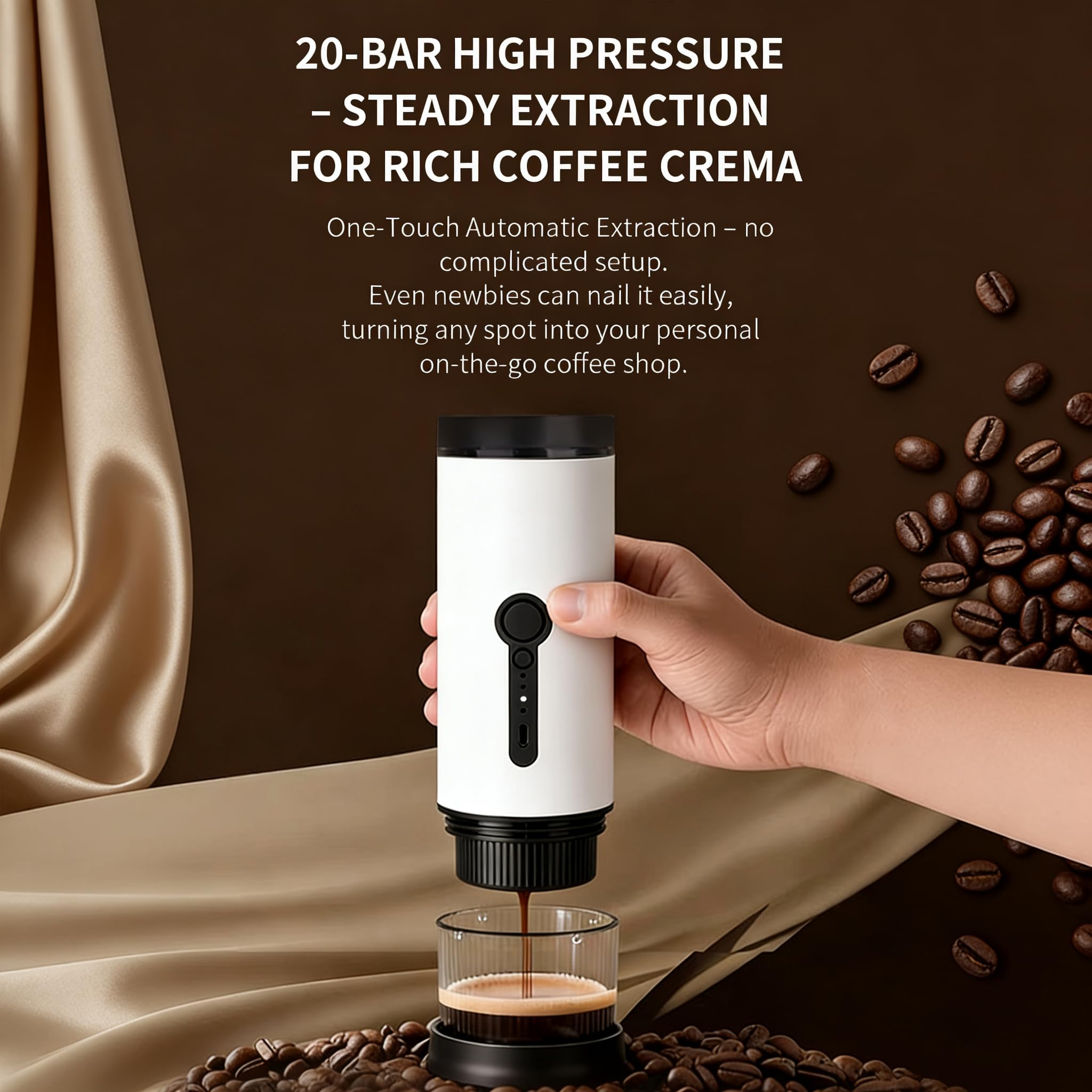 SANMAS Cafetera espresso portátil, cafetera de autocalentamiento recargable por USB-C, para viajes y camping, compatible con café molido y cápsulas, cafetera eléctrica compacta para coche, caravana