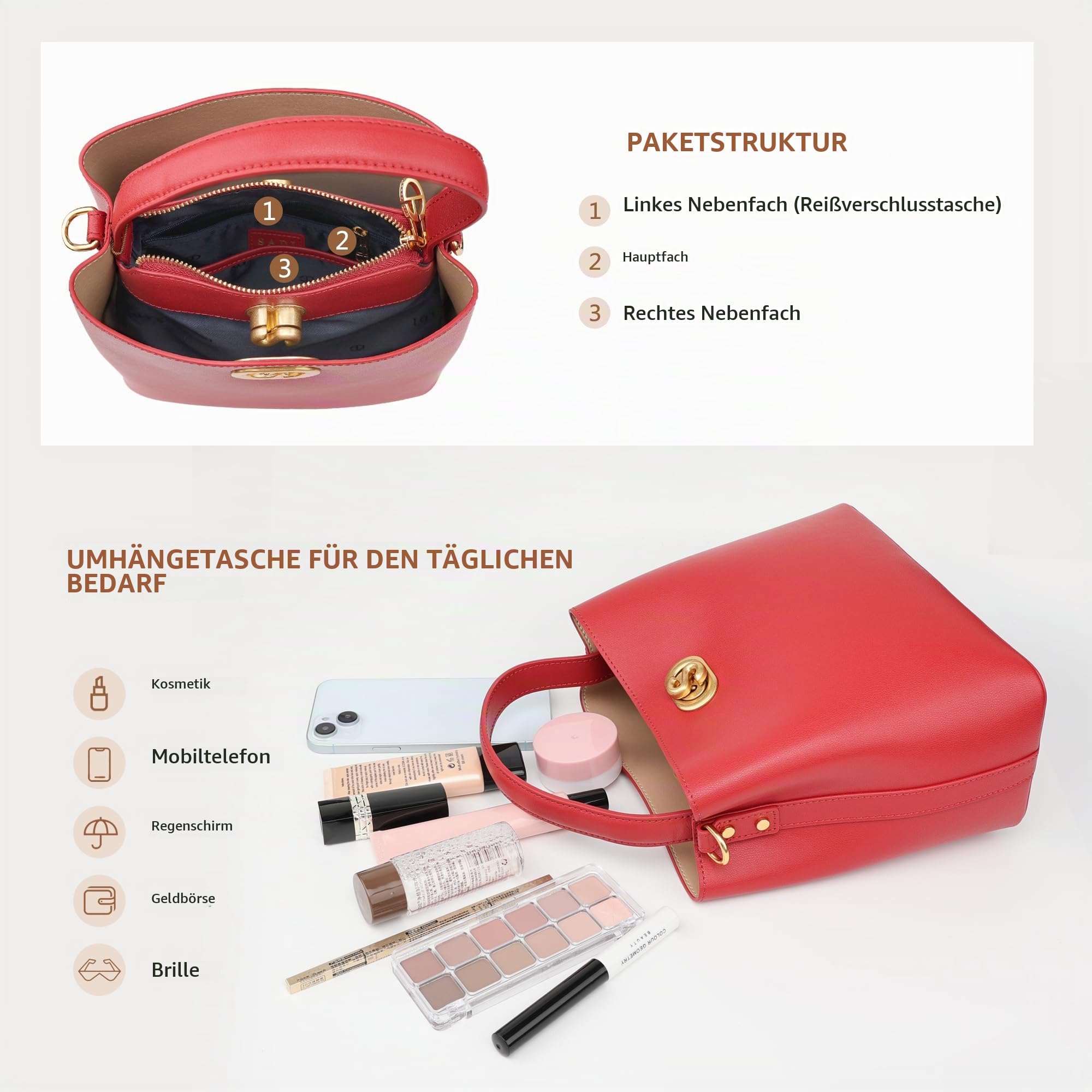 SADI Echtes Leder Handtasche Damen,Umhängetasche Damen, Modische Beuteltasche Handtasche mit Abnehmbares Riemen