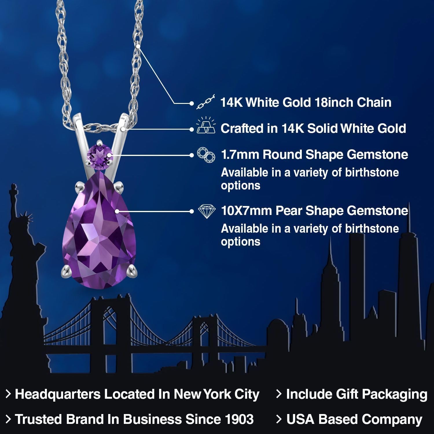 Gem Stone King 14K White Gold Purple Amethyst Pendant Necklace for Women | 1.75 Cttw | Gemstone February Birthstone | Pear Shape 10X7MM | With 18 Inch Chain - Image 2